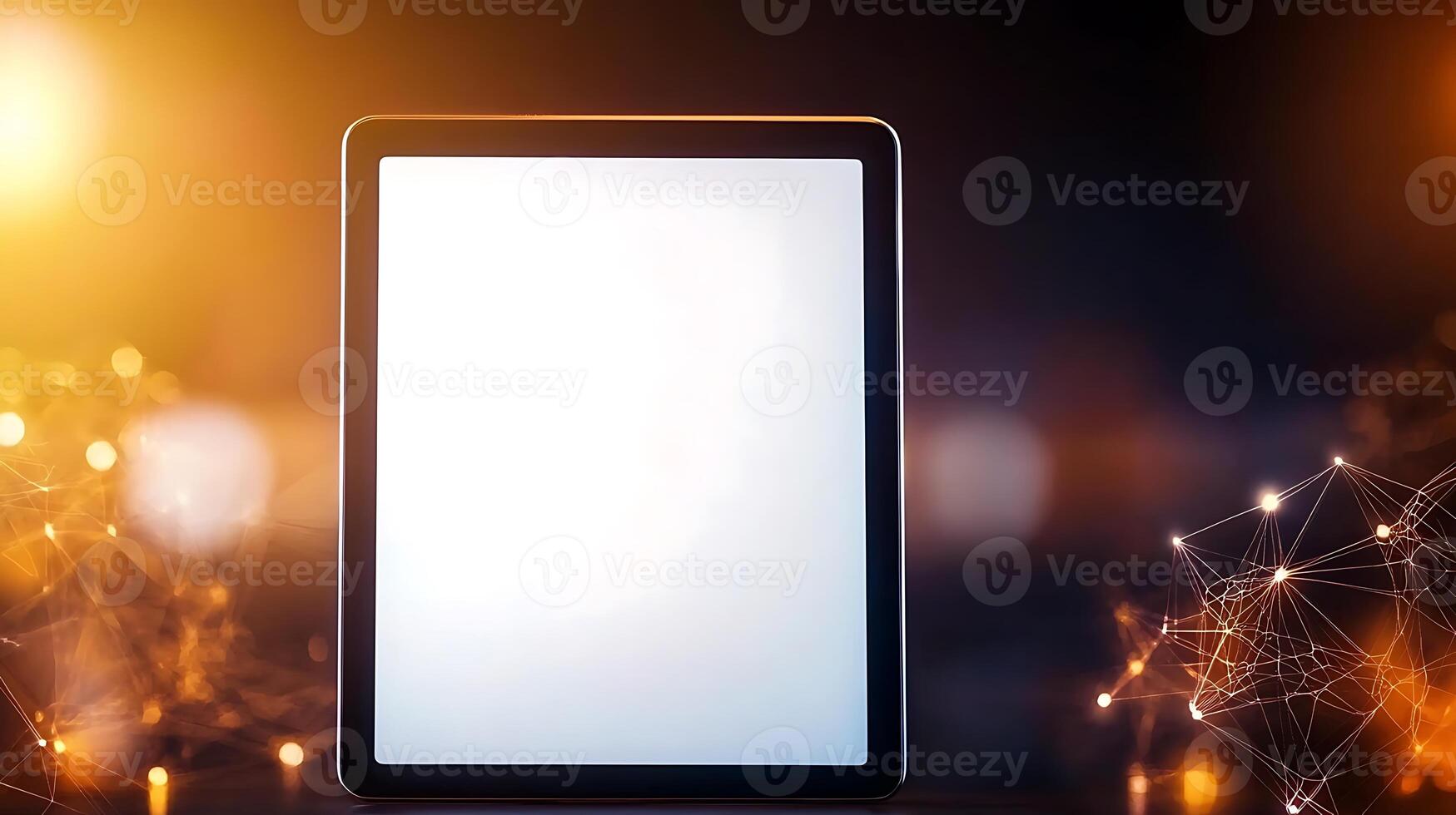 Modern tablet device on a blurred background with glowing lights and abstract connections photo