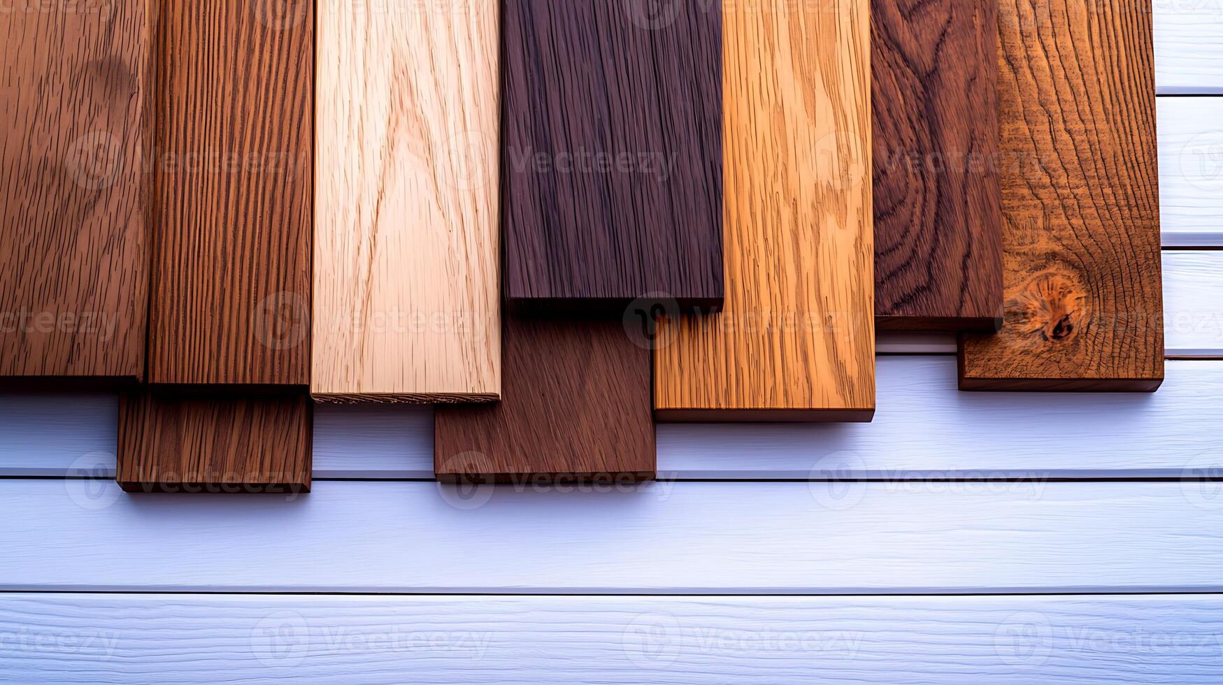 Various wooden planks arranged neatly on a white surface, showcasing different textures and colors photo