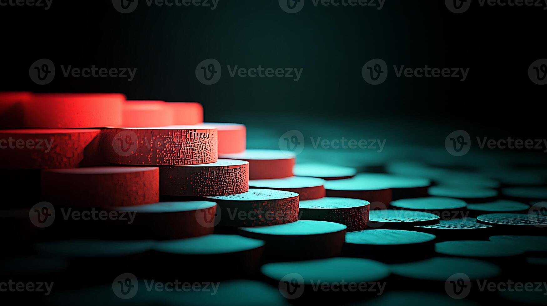 Stacked red and black circular tokens arranged artistically in a dimly lit setting photo