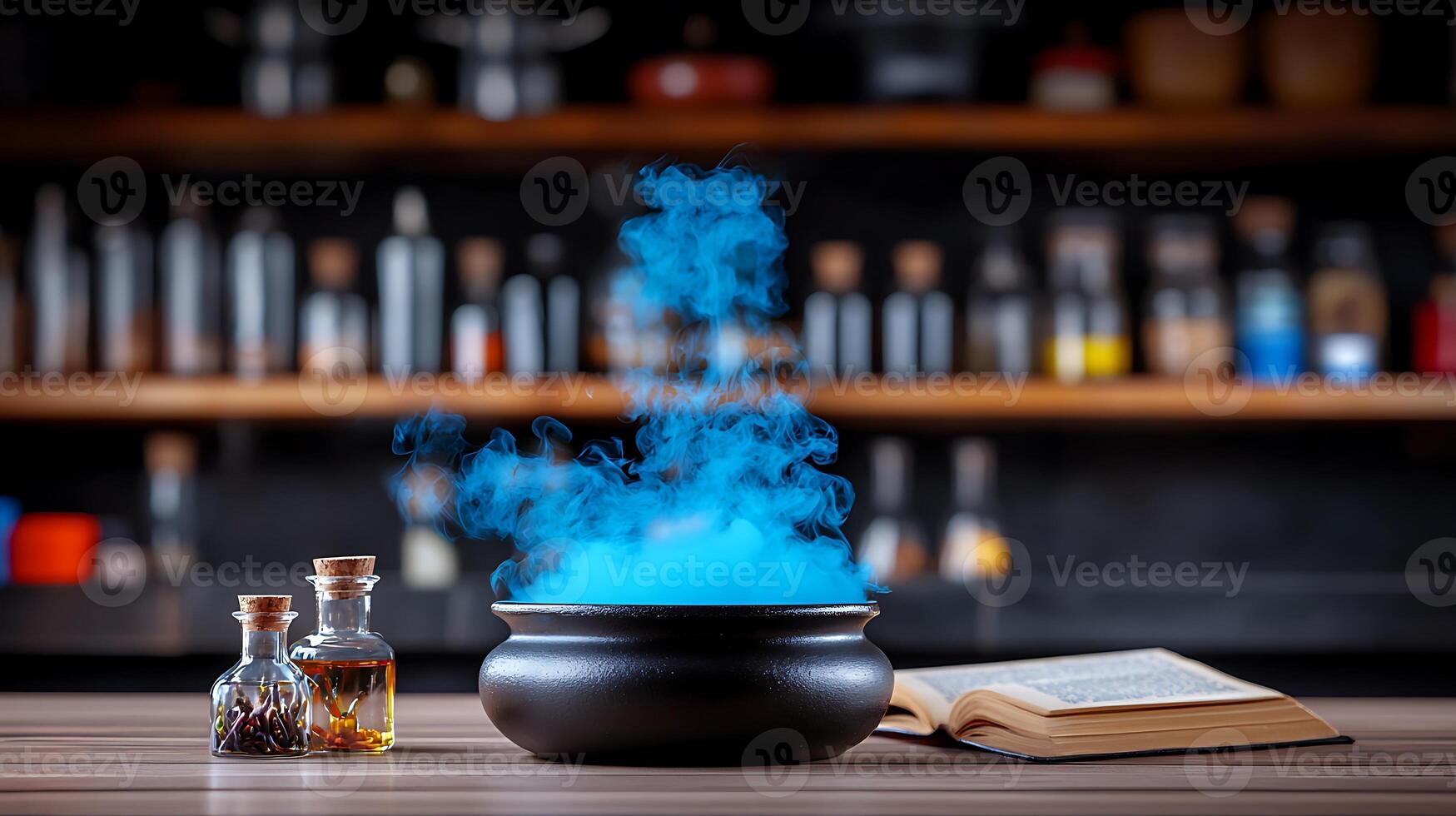 Mysterious blue smoke rising from a cauldron in a cozy potion-making workshop with shelves photo