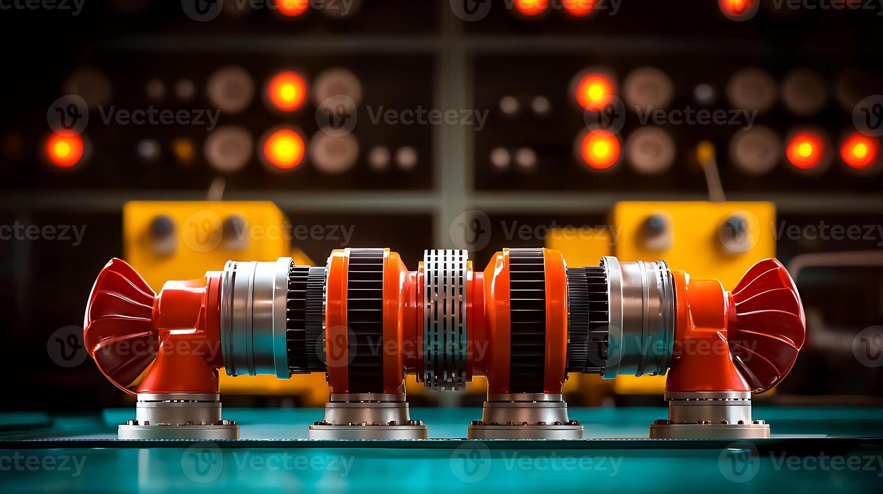 Close-up of a mechanical component with vibrant colors, set against a blurred industrial background photo