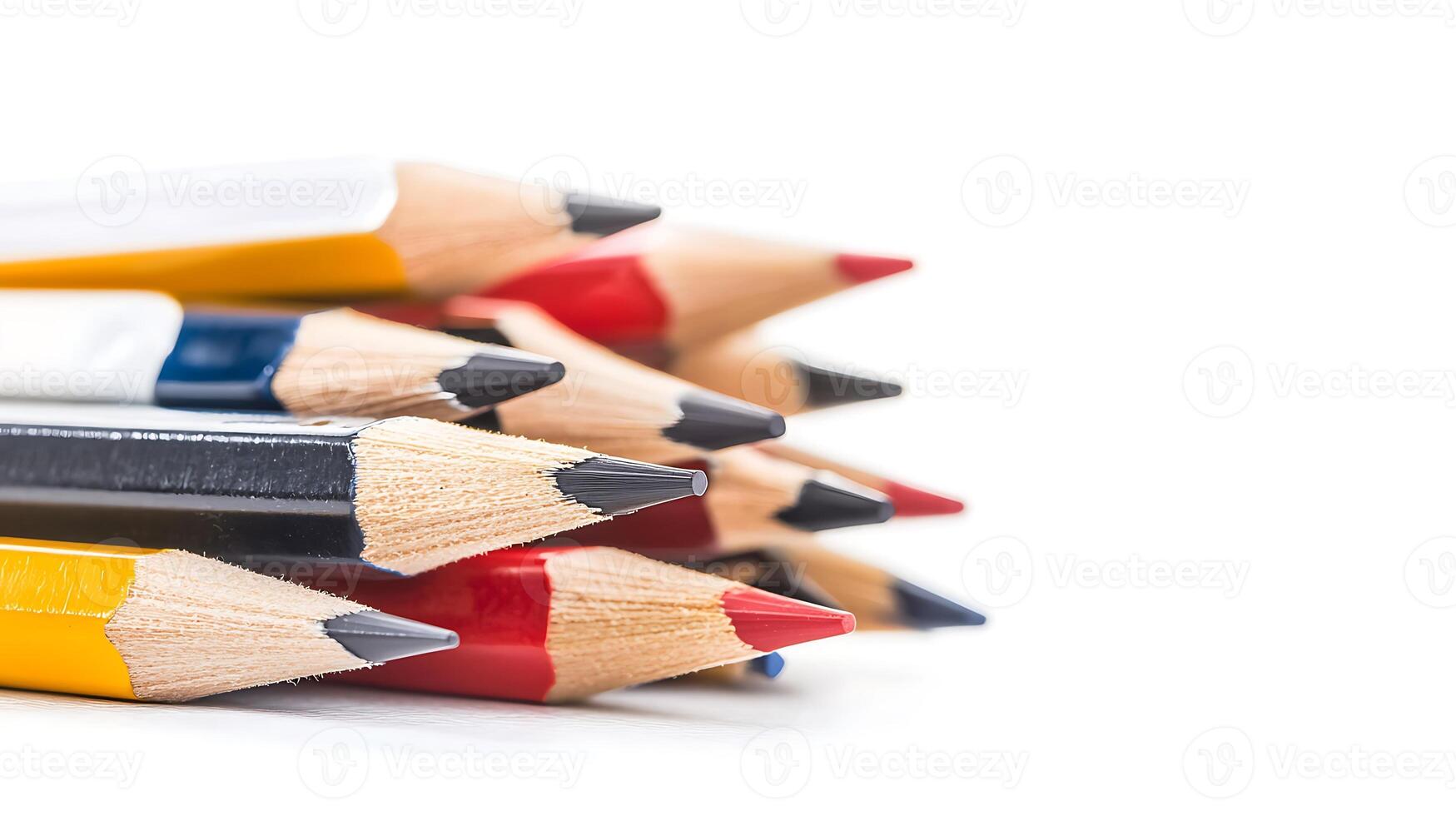 A colorful arrangement of sharpened pencils stacked on a white background, ideal for educational materials photo