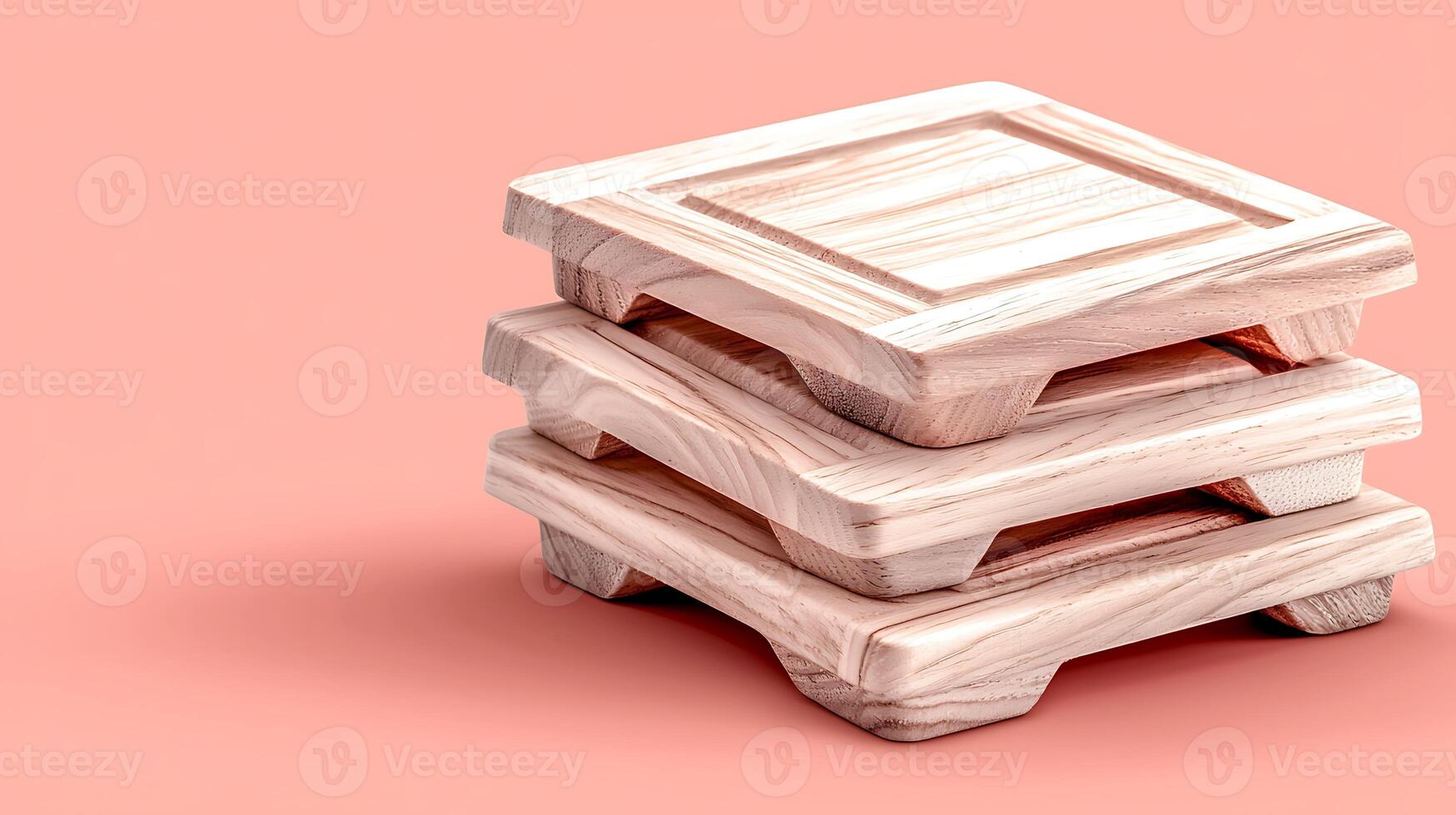 Three stacked wooden pallets on a soft pink background, showcasing a minimalist design photo