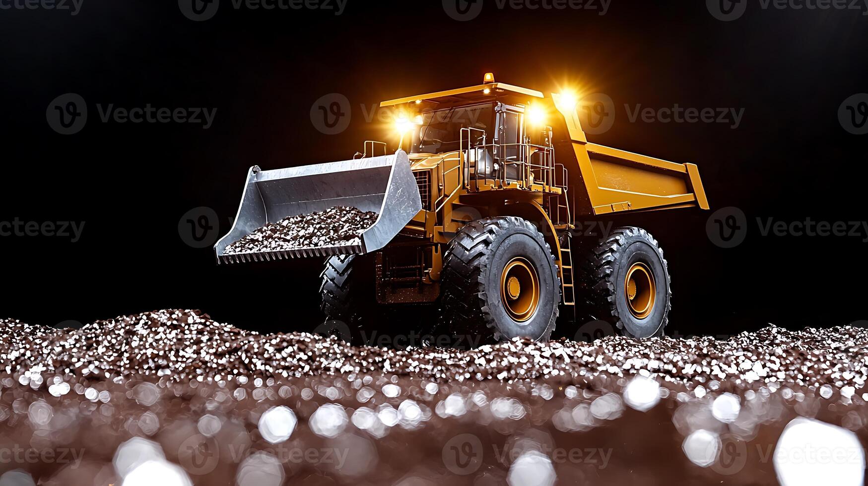 Large yellow dump truck loaded with gravel, illuminated by headlights in a dark environment photo