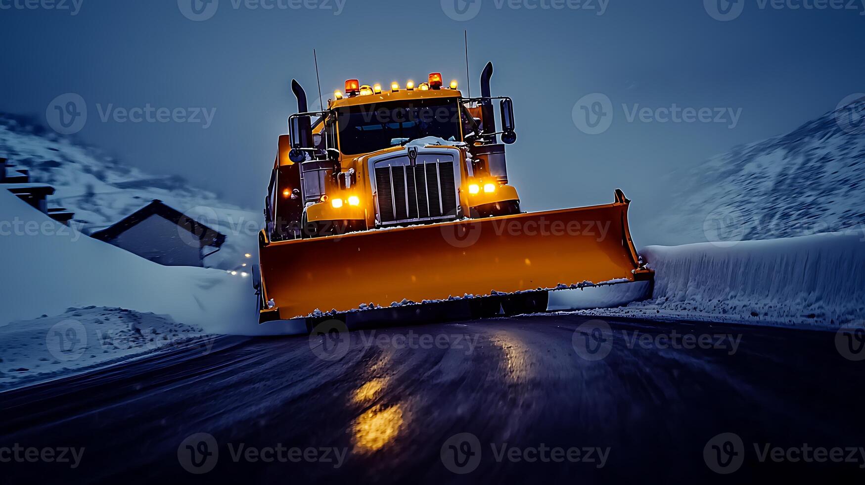 Snowplow clearing a mountain road at dusk, illuminated by headlights amidst snowy surroundings photo