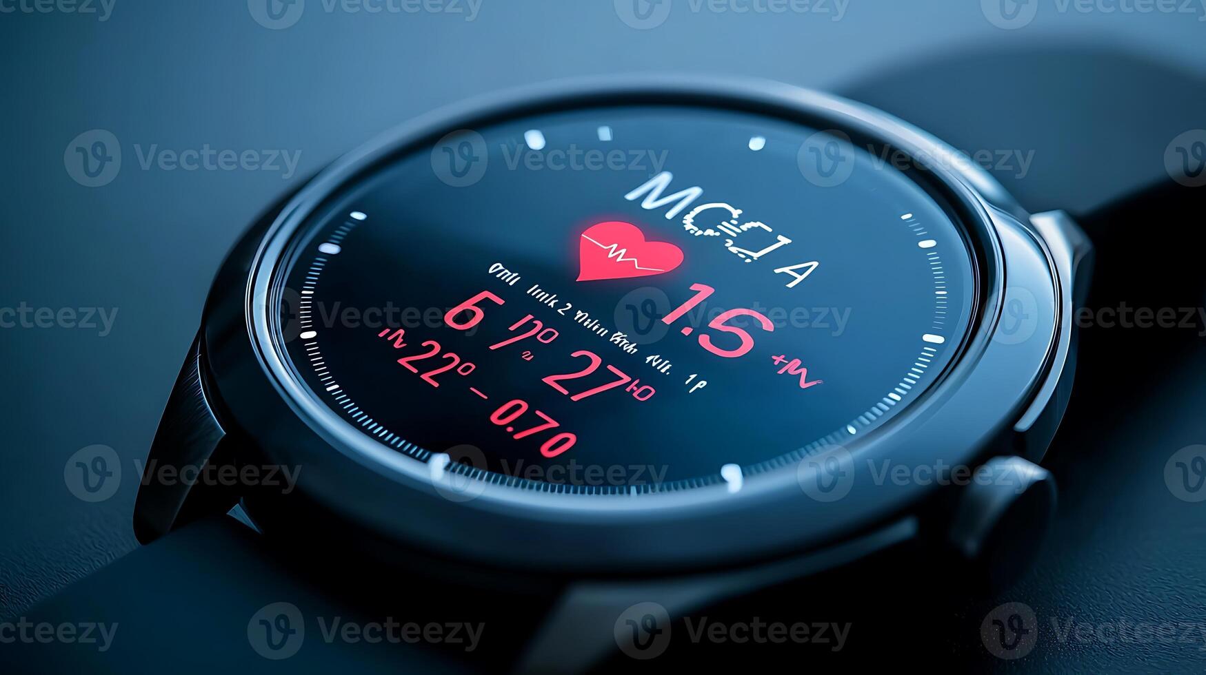 Close-up of a modern smartwatch displaying heart rate and health metrics on a sleek surface photo