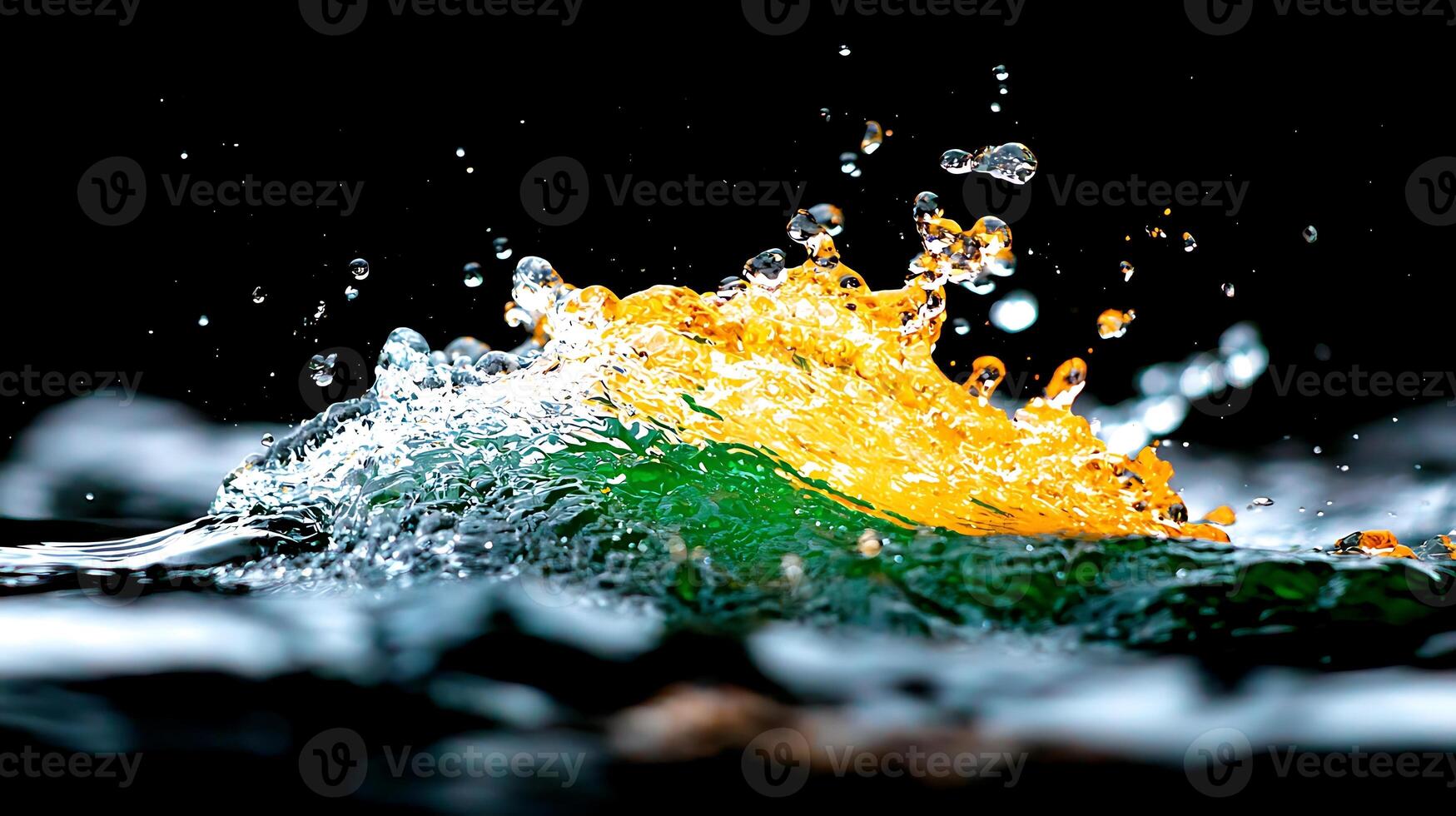 Vibrant splash of orange and green fruit in water against a dark background, capturing motion photo