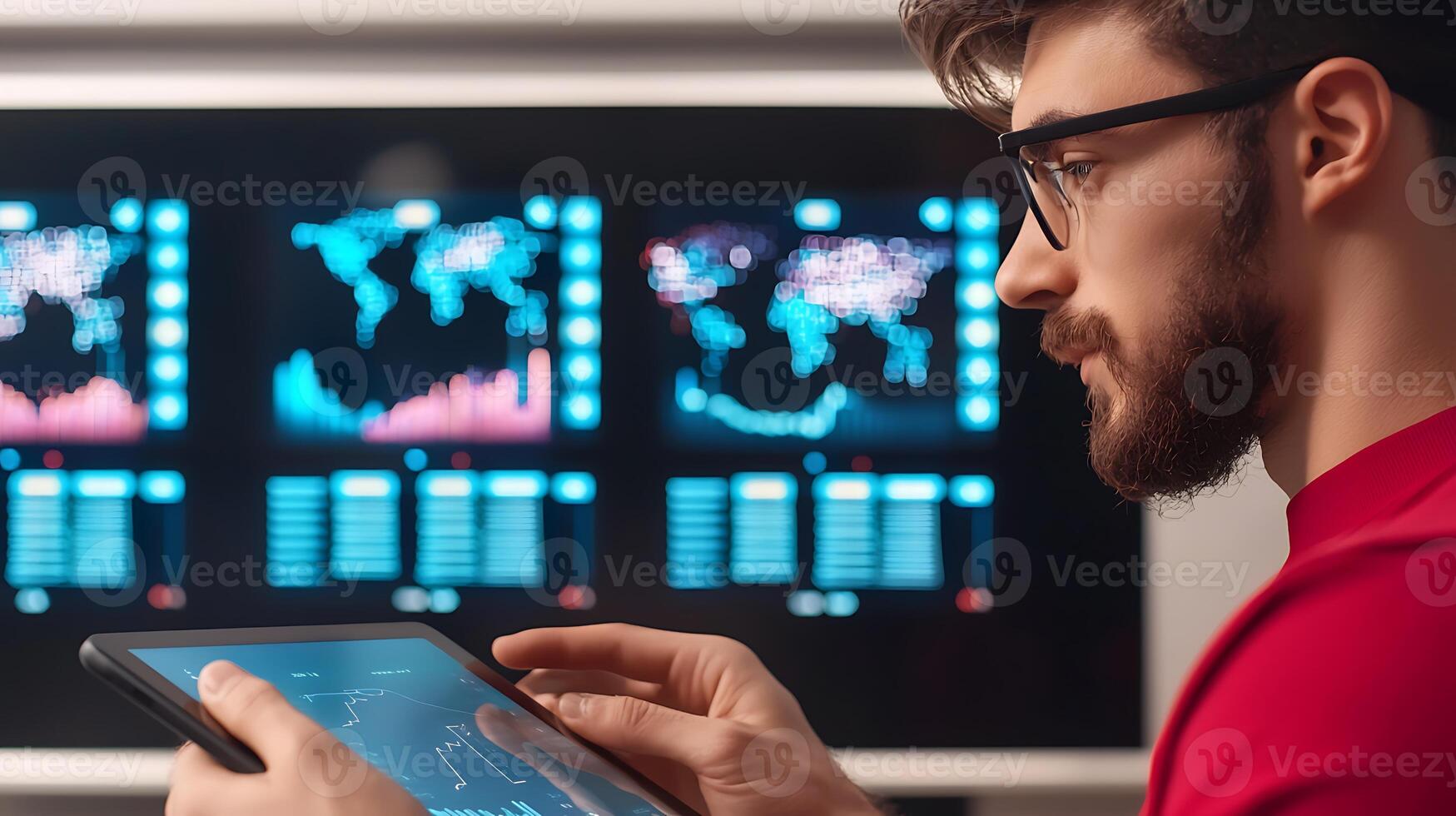 Young man analyzing data on a tablet with digital graphs and world maps in the background photo