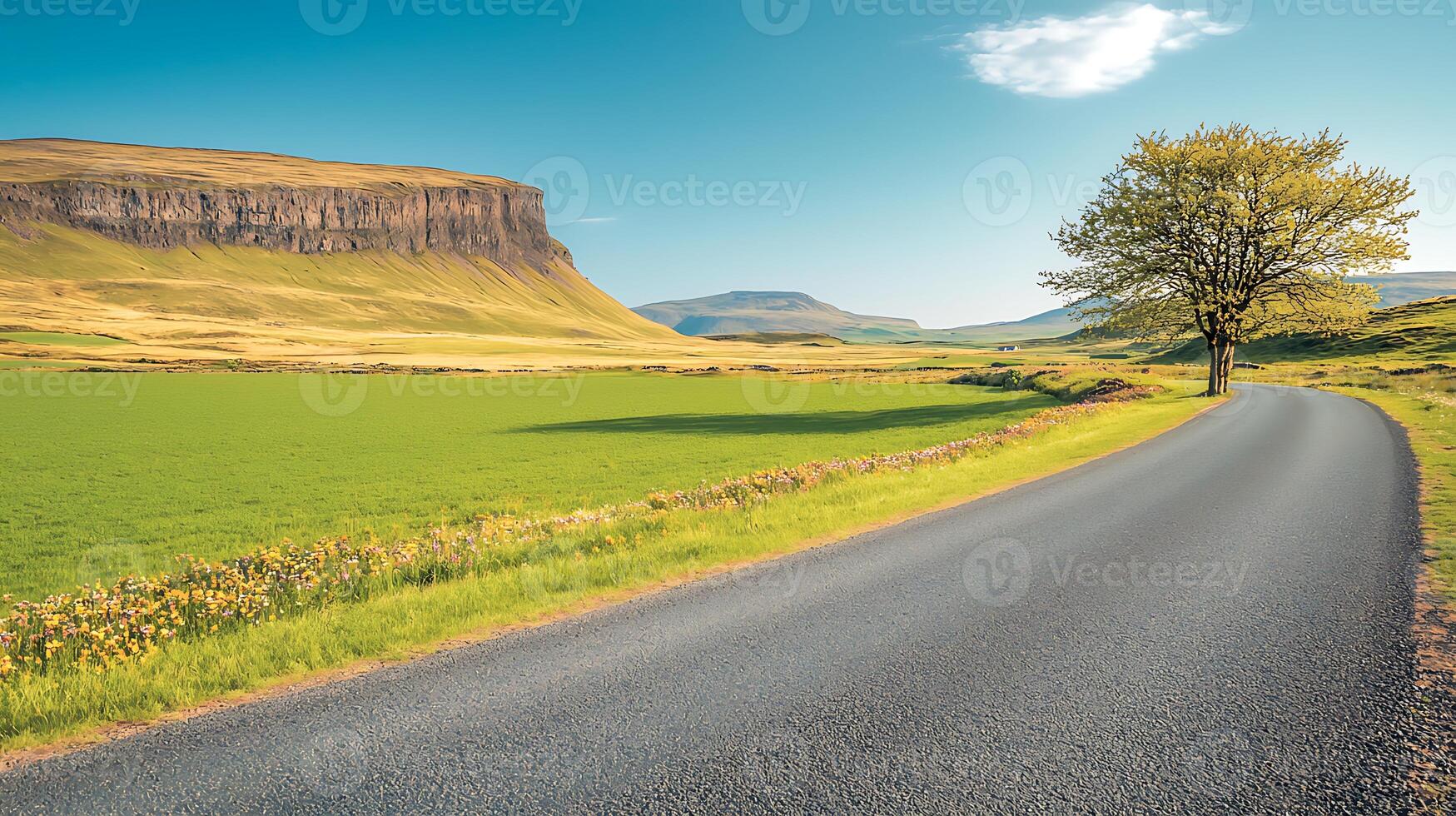 Serene country road winding through lush green fields with a solitary tree and distant hills photo