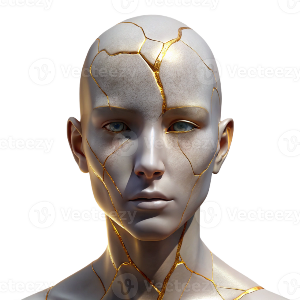 beautiful minimalist Portrait of a person with skin made of cracked porcelain, revealing intricate gold detailing underneath, lit by warm, antique lighting, in a kintsugi-inspired style professional png