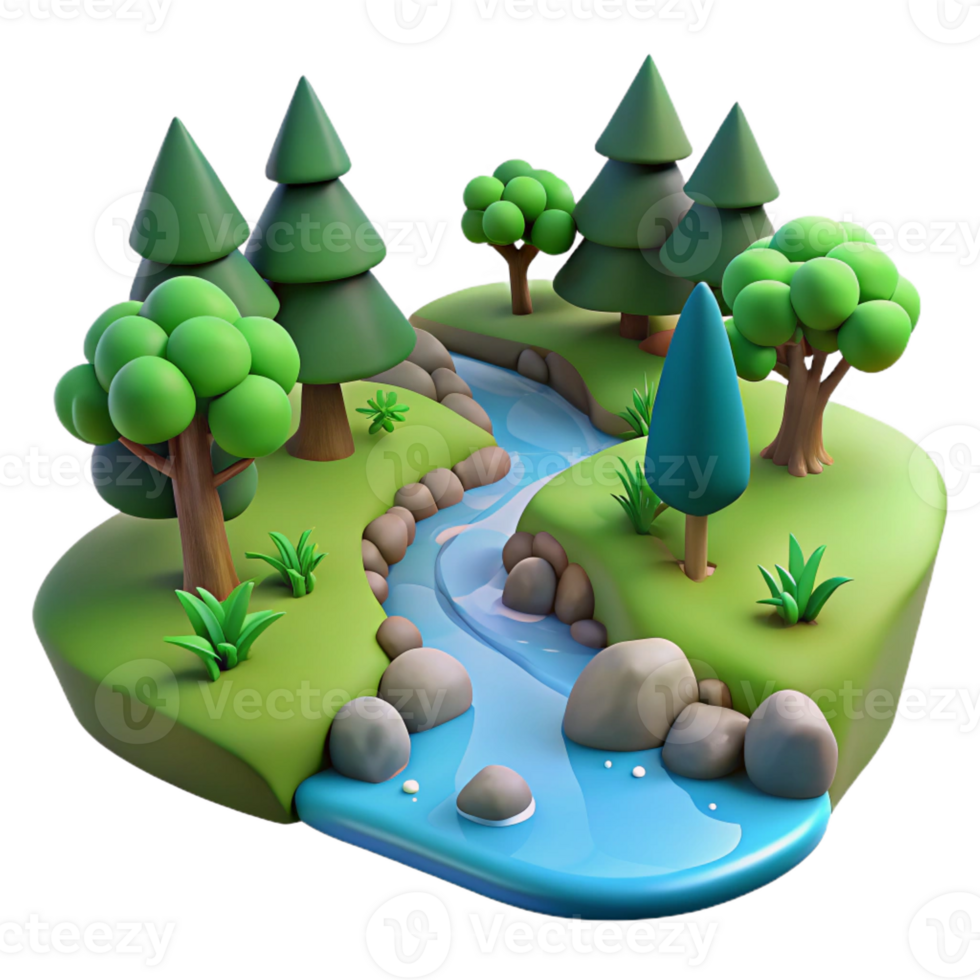 extraordinary contemporary A babbling brook flowing through a forest, peaceful scene, soft lighting high quality png