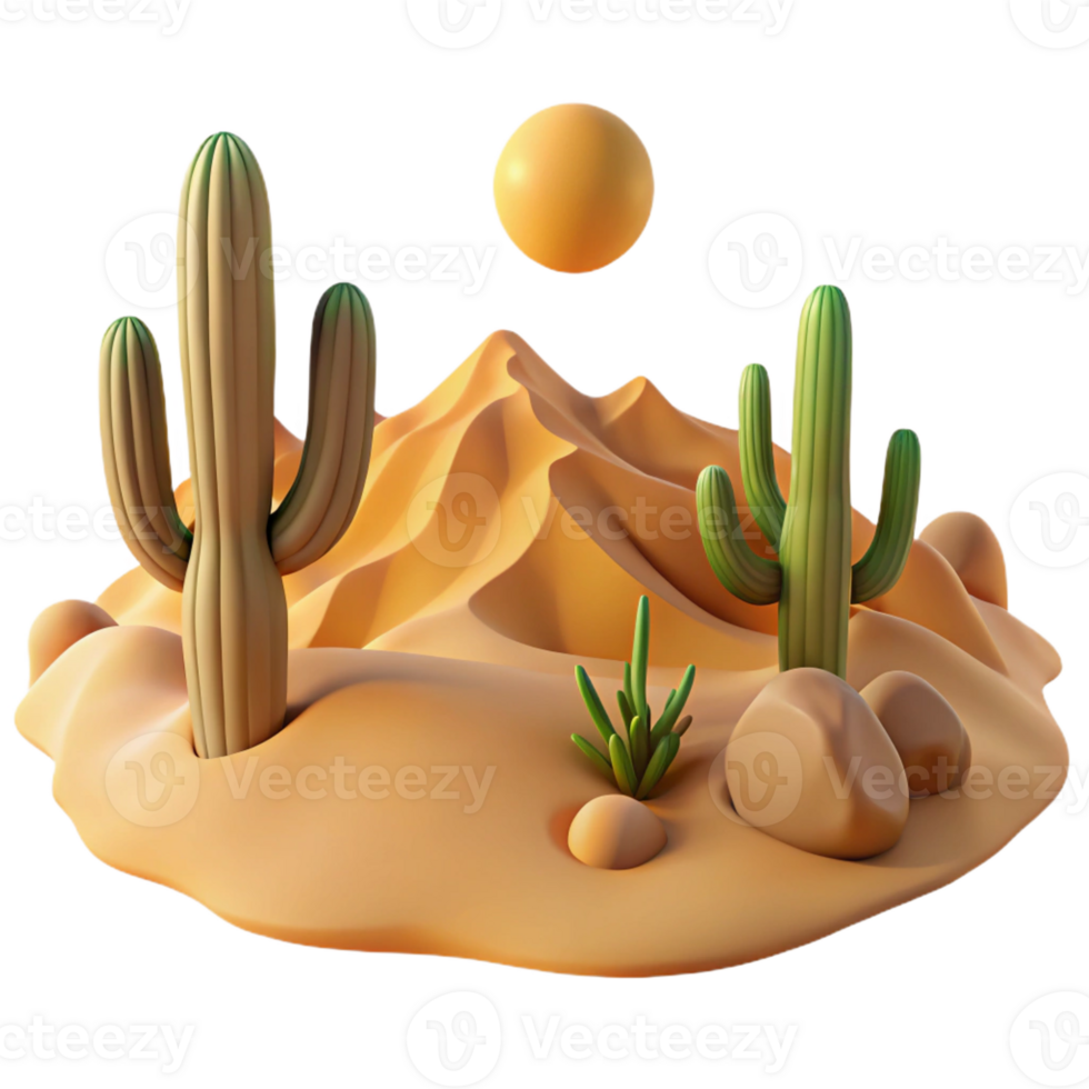 beautiful abstract A desert landscape with sand dunes and cacti, harsh sunlight, realistic rendering detailed png