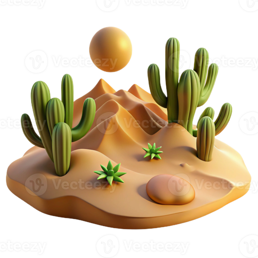 stunning creative A desert landscape with sand dunes and cacti, harsh sunlight, realistic rendering detailed png