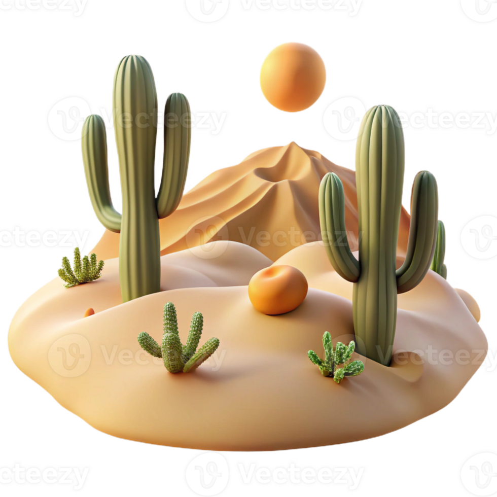 vibrant traditional A desert landscape with sand dunes and cacti, harsh sunlight, realistic rendering genuine png