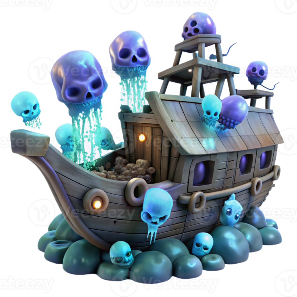 wonderful rustic A sunken pirate ship, encrusted with barnacles and surrounded by ghostly, bioluminescent jellyfish, lit by the eerie glow of deep-sea vents. Dark fantasy style high resolution png