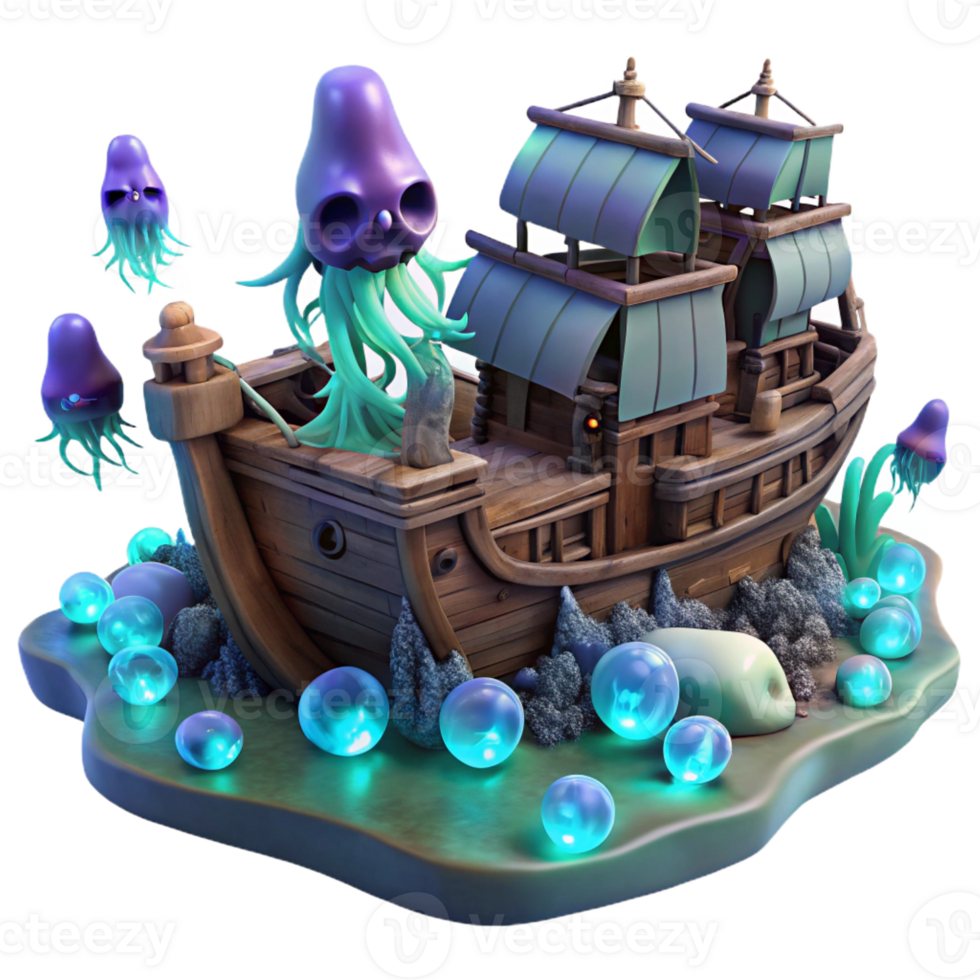 elegant modern A sunken pirate ship, encrusted with barnacles and surrounded by ghostly, bioluminescent jellyfish, lit by the eerie glow of deep-sea vents. Dark fantasy style detailed png