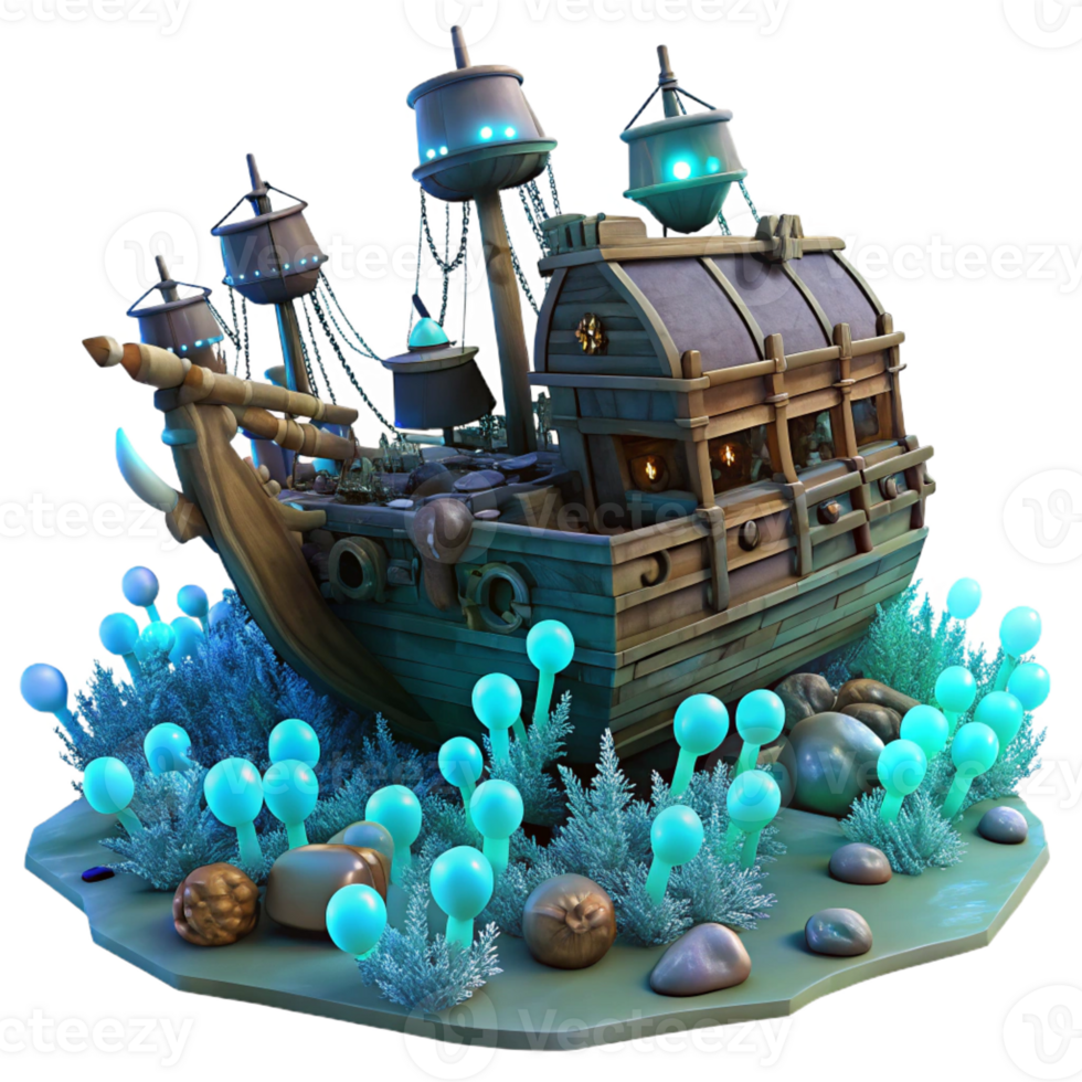 beautiful classic A sunken pirate ship, encrusted with barnacles and surrounded by ghostly, bioluminescent jellyfish, lit by the eerie glow of deep-sea vents. Dark fantasy style original png
