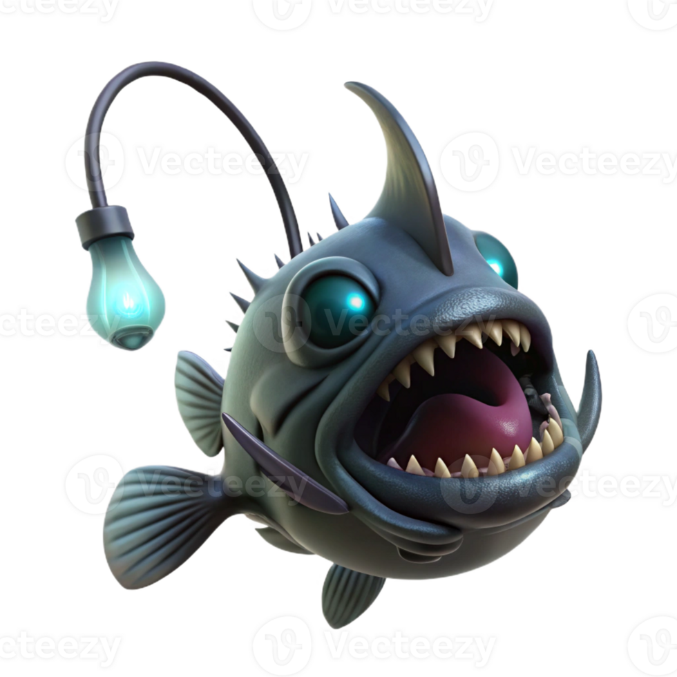 serene contemporary A deep-sea anglerfish, its bioluminescent lure attracting smaller fish, in a dark, horror-inspired style authentic png