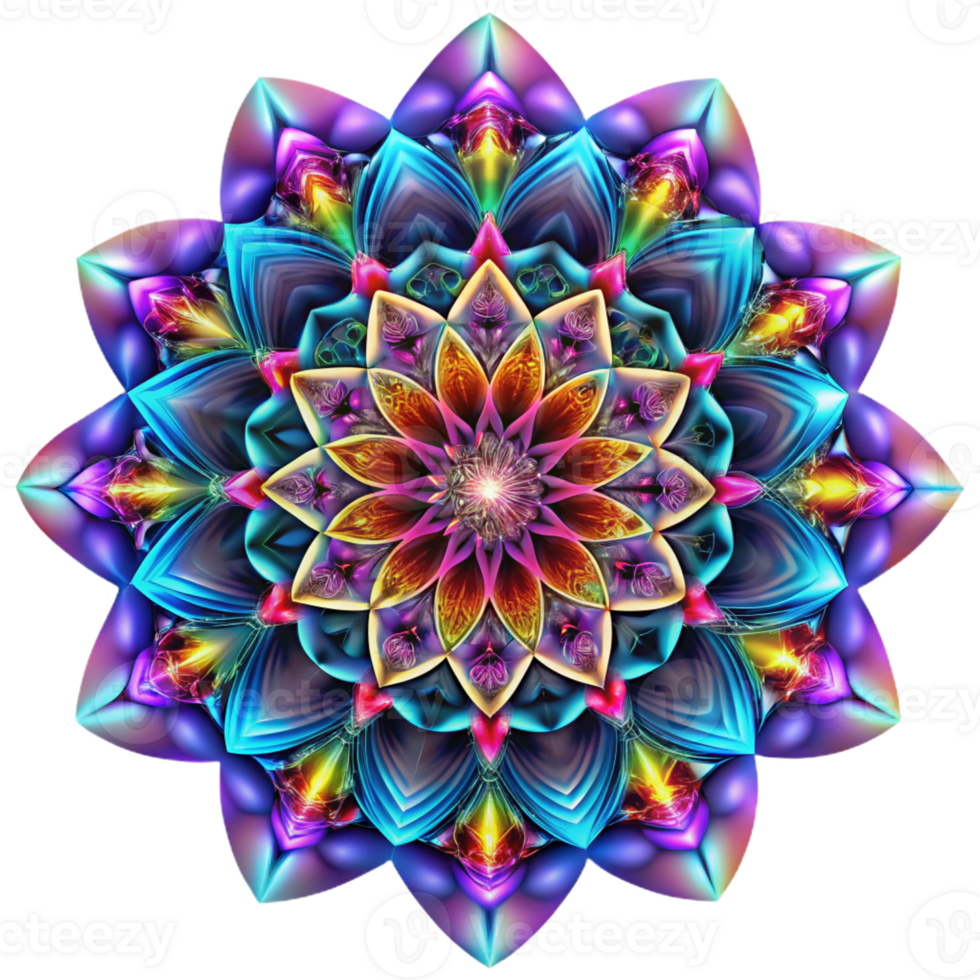 magnificent vintage A kaleidoscopic pattern of intricate, fractal designs, illuminated by a bright, multicolored light, in a psychedelic, op-art style authentic png