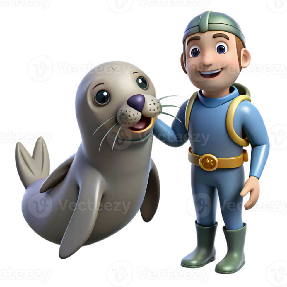 stunning artistic A diver interacting with a friendly grey seal, in a heartwarming, photorealistic style authentic png