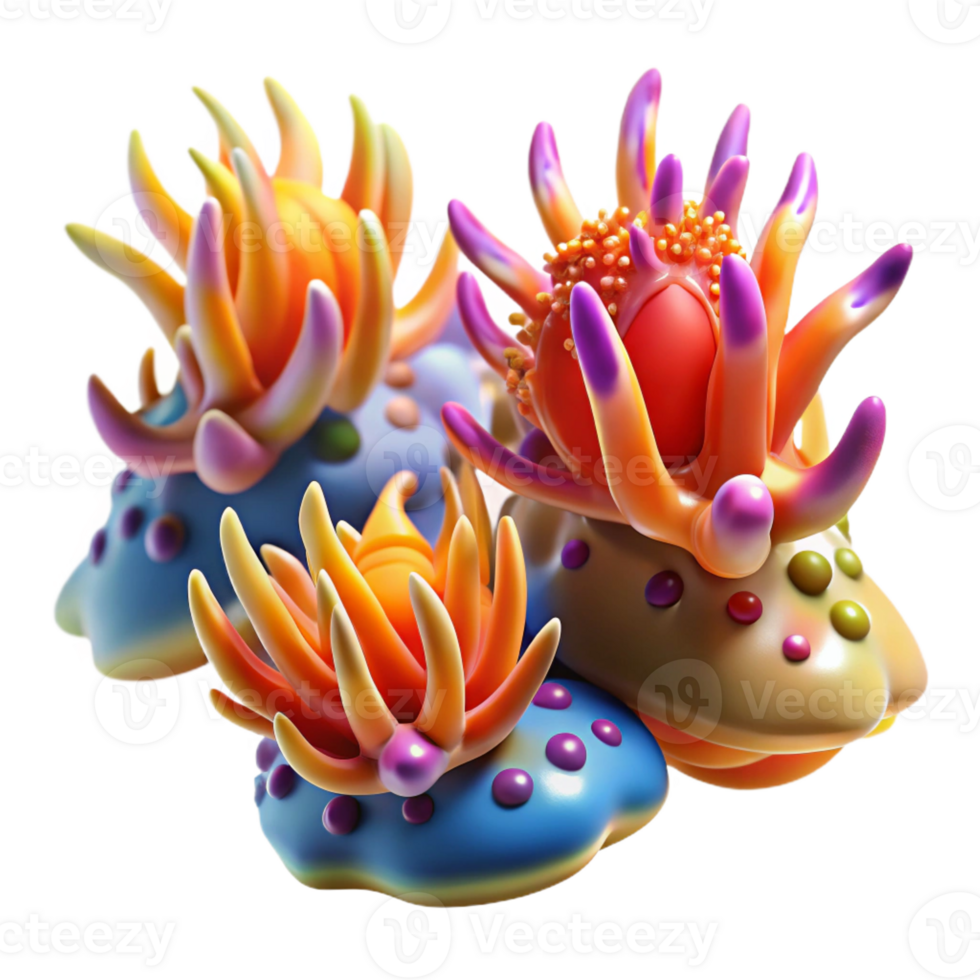 stunning creative A group of colorful nudibranchs crawling on a coral reef, in a macro photography, vibrant color palette high resolution png