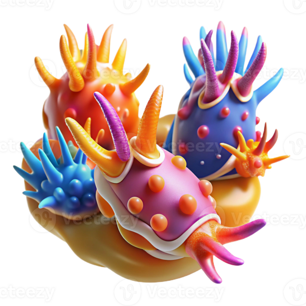 beautiful minimalist A group of colorful nudibranchs crawling on a coral reef, in a macro photography, vibrant color palette professional png