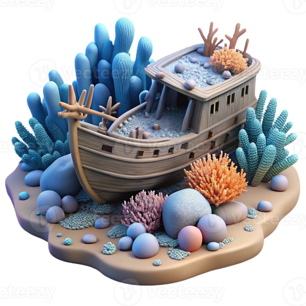 serene contemporary A shipwreck resting on the ocean floor, colonized by corals and sponges, in a hauntingly beautiful, realistic style high quality png