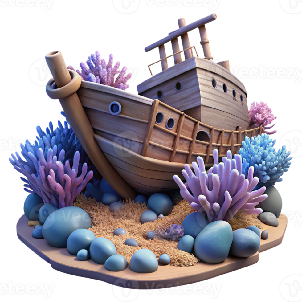 stunning artistic A shipwreck resting on the ocean floor, colonized by corals and sponges, in a hauntingly beautiful, realistic style detailed png