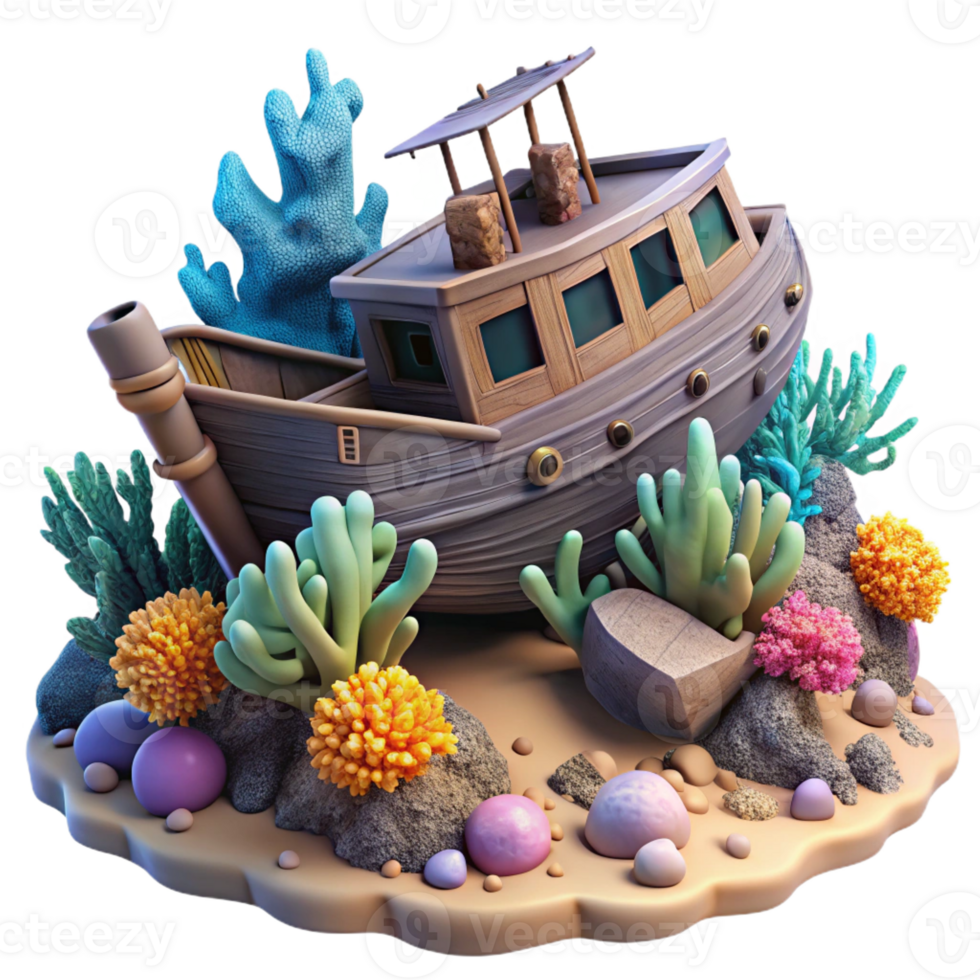 dramatic minimalist A shipwreck resting on the ocean floor, colonized by corals and sponges, in a hauntingly beautiful, realistic style authentic png