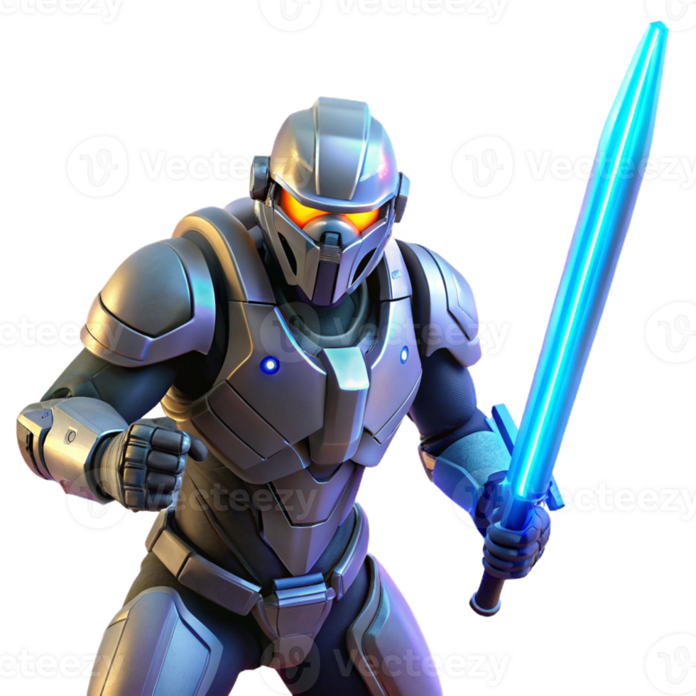 dramatic artistic A futuristic soldier in power armor wielding a plasma sword, glowing blue lighting, science fiction style original png