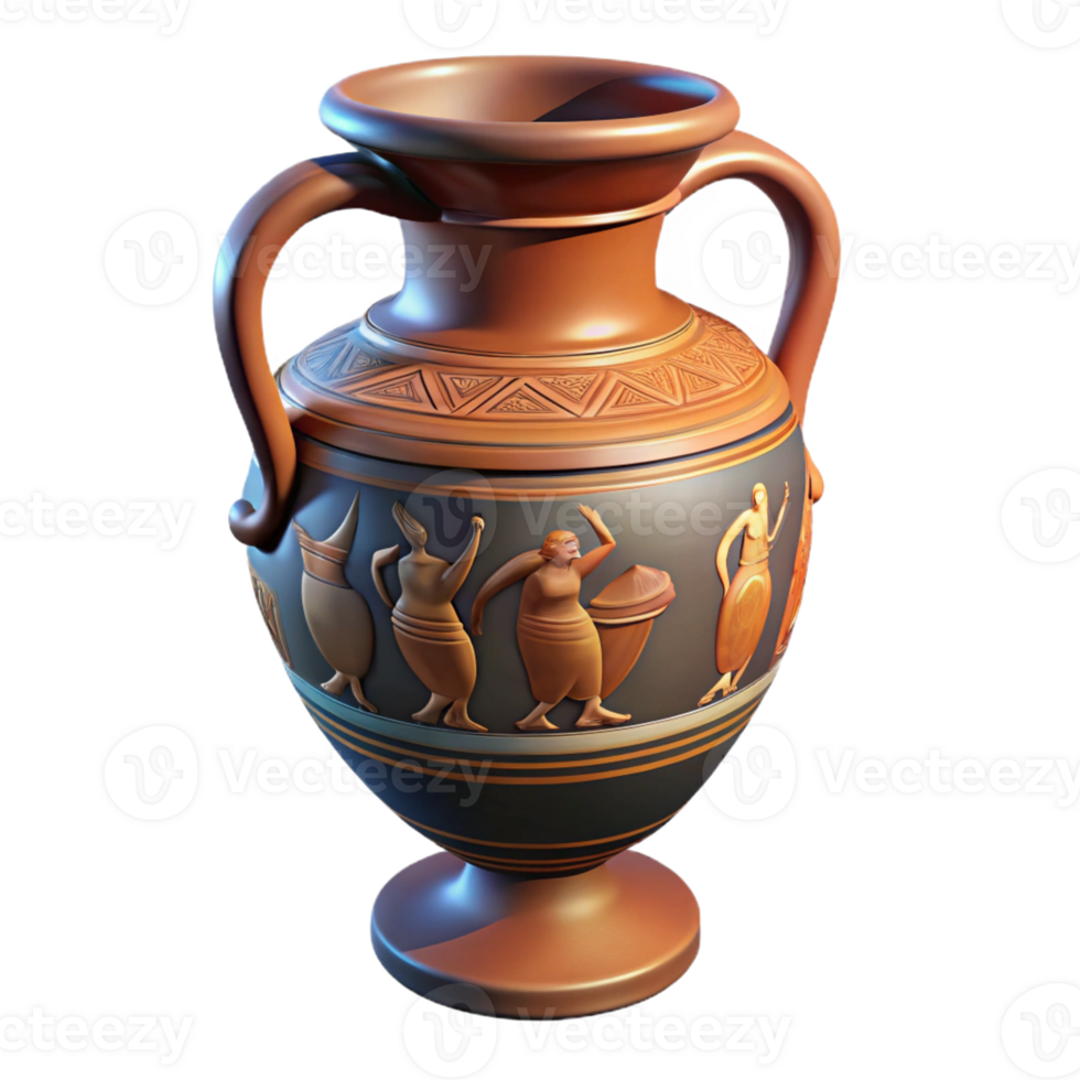 elegant traditional A close-up of an ancient Greek amphora, intricately painted with mythological scenes, soft lighting, realistic style, detailed png