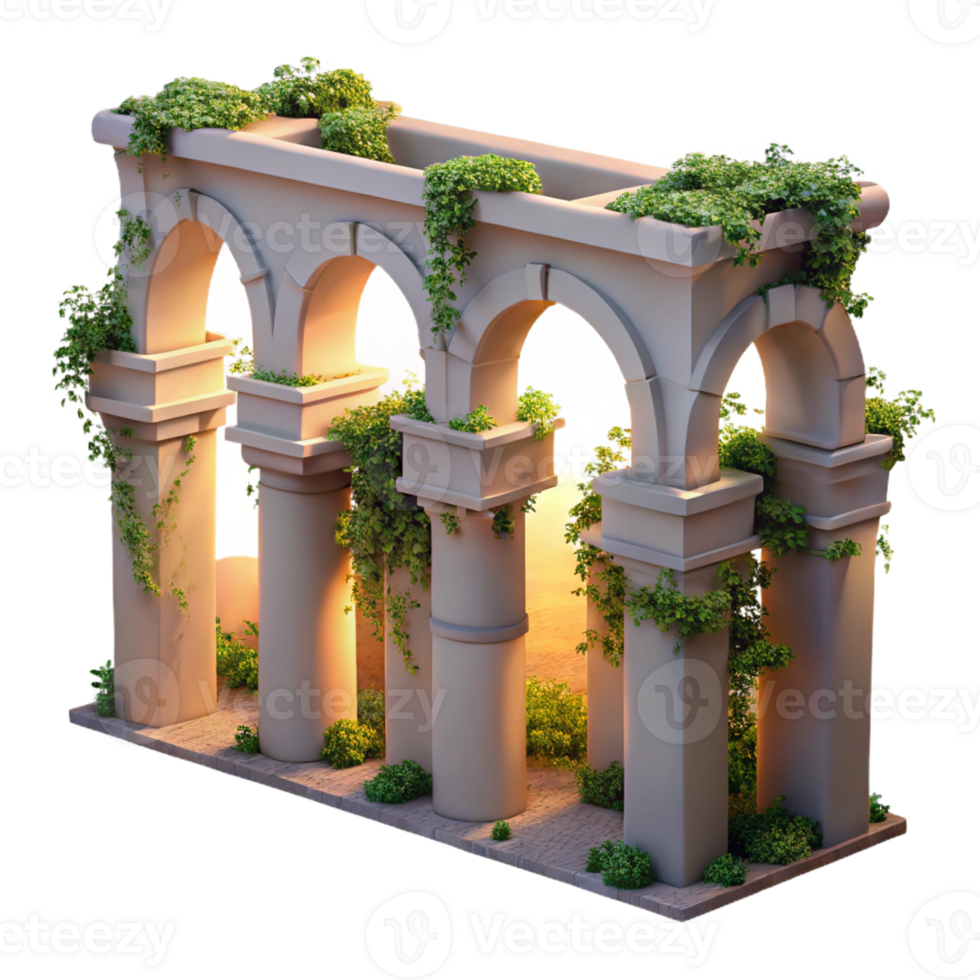 serene abstract A ruined Roman aqueduct, overgrown with ivy, sunset lighting, melancholic mood, photorealistic style, detailed png