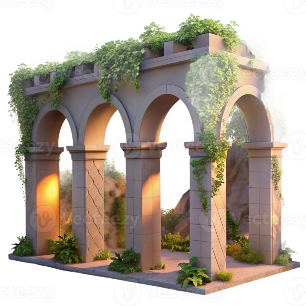 stunning artistic A ruined Roman aqueduct, overgrown with ivy, sunset lighting, melancholic mood, photorealistic style, detailed png