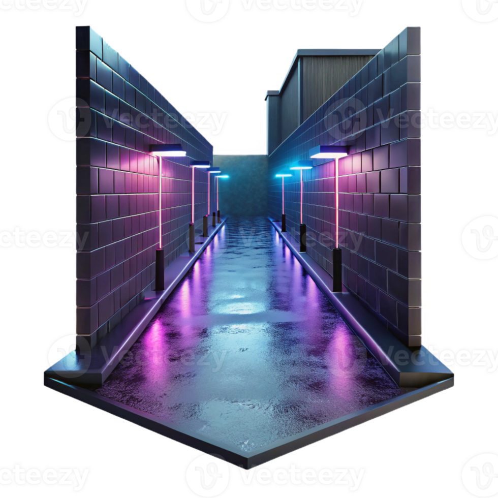 impressive minimalist A rain-soaked alleyway illuminated by a single neon sign, reflective surfaces, noir style professional png