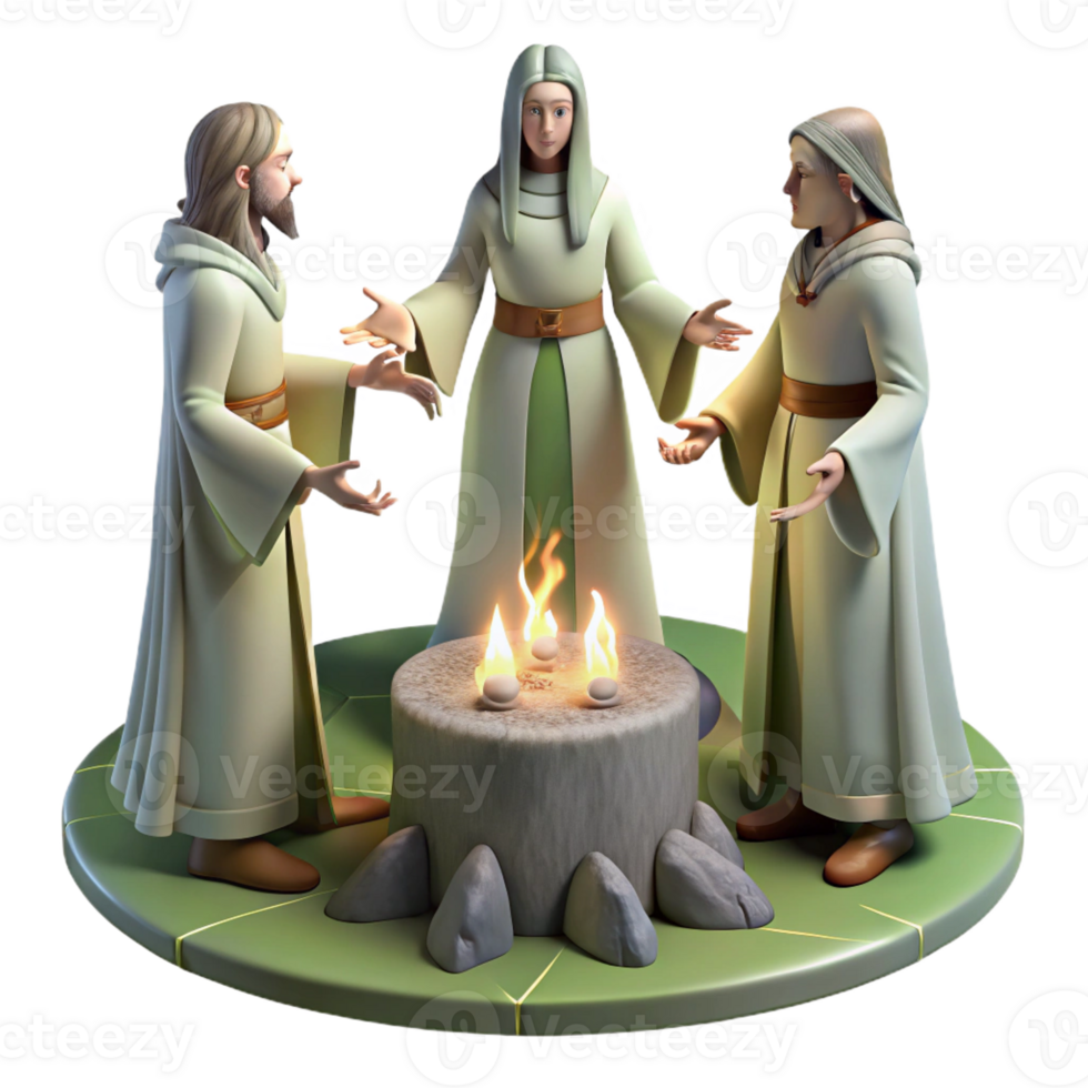 serene traditional A group of ancient Celtic druids performing a ceremony in a forest, mystical lighting, ethereal style, exclusive png