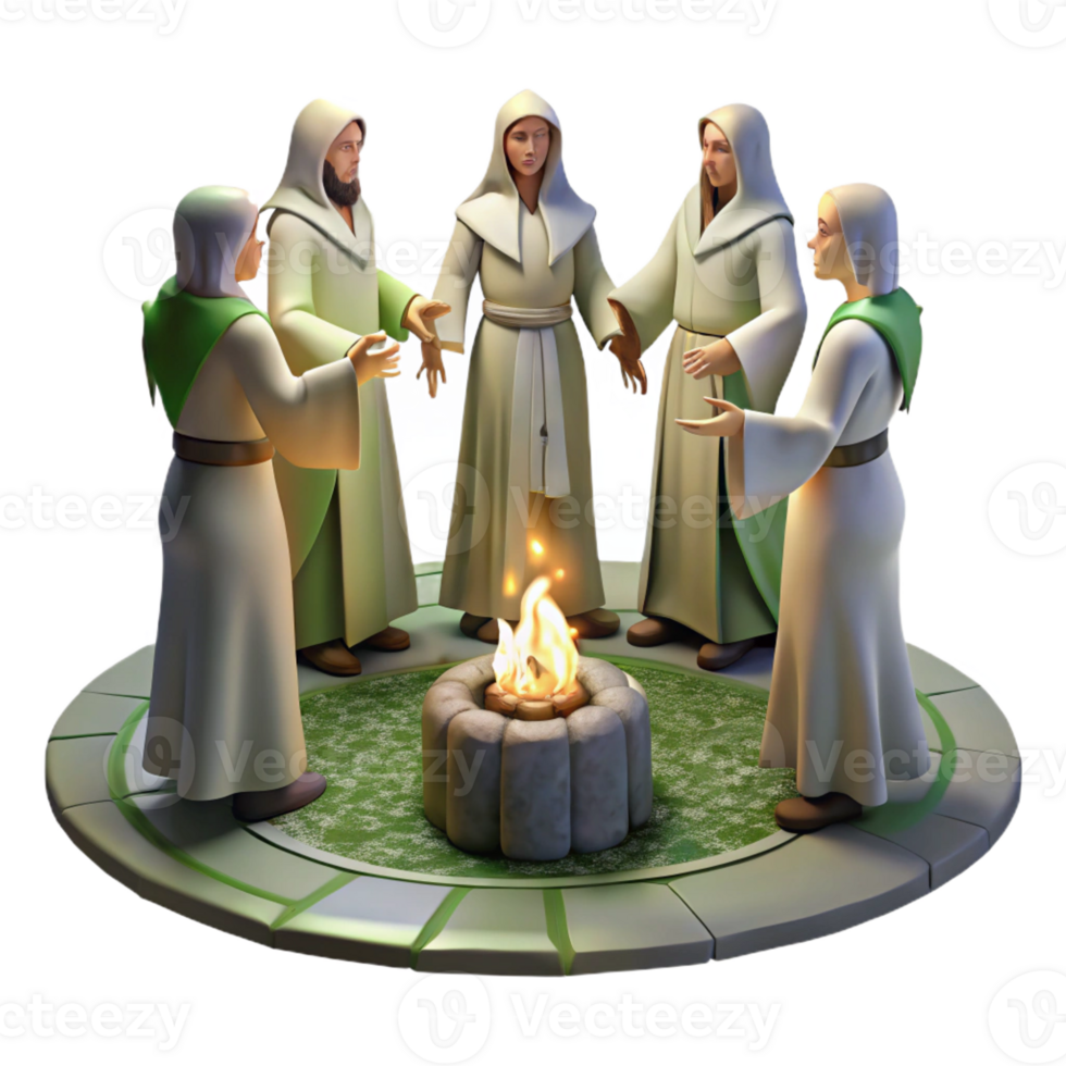 dramatic rustic A group of ancient Celtic druids performing a ceremony in a forest, mystical lighting, ethereal style, exclusive png