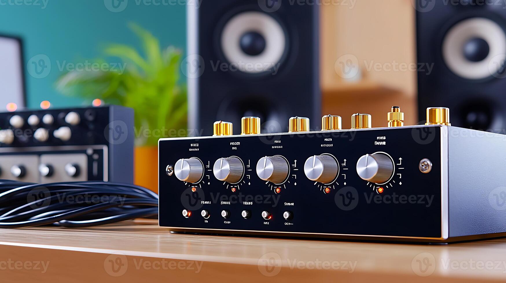 Close-up of a modern audio mixer with knobs and cables on a wooden table, surrounded by speakers photo