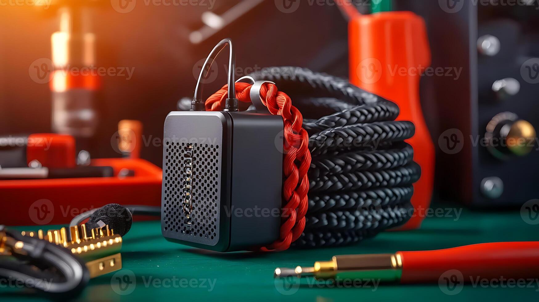 Close-up of a portable speaker with braided cable on a workbench surrounded by tools and equipment photo