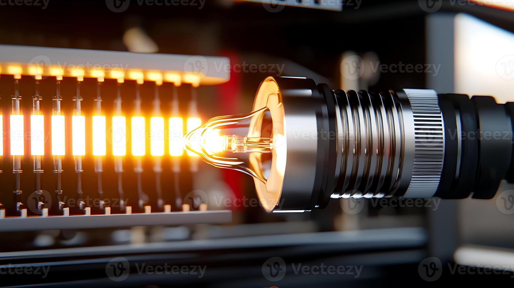 Close-up of a glowing light bulb within a modern electrical device, showcasing intricate design and technology photo
