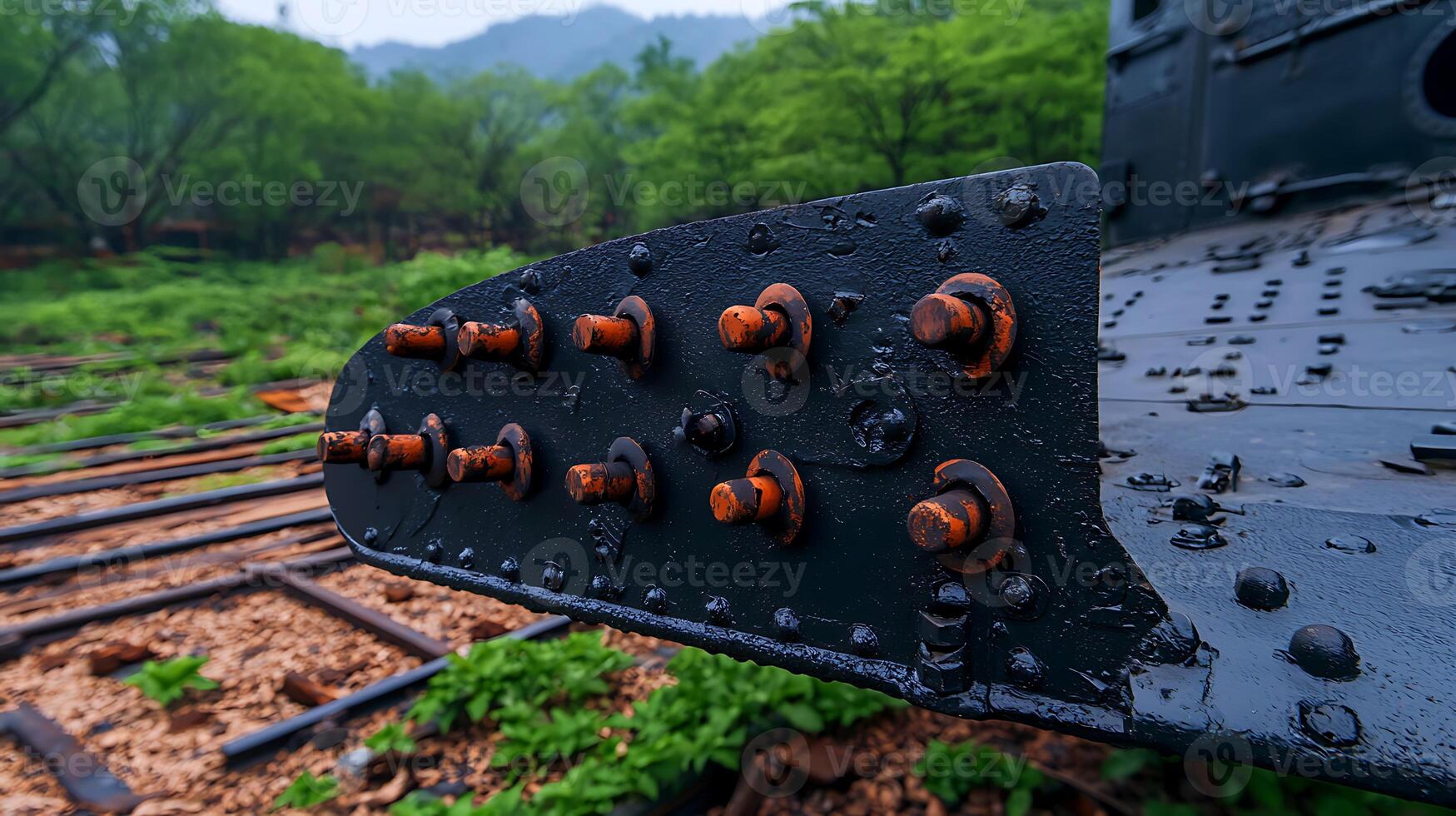Close-up of a rusty train wheel with bolts, surrounded by lush greenery and railway tracks photo