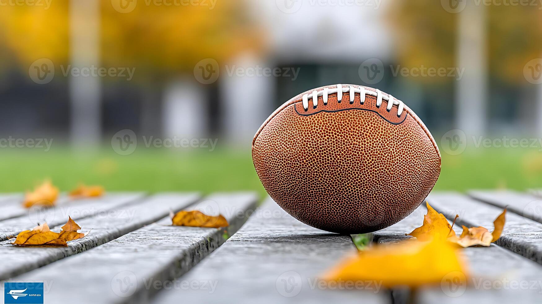 Close-up of a football resting on a wooden surface surrounded by autumn leaves in a park photo