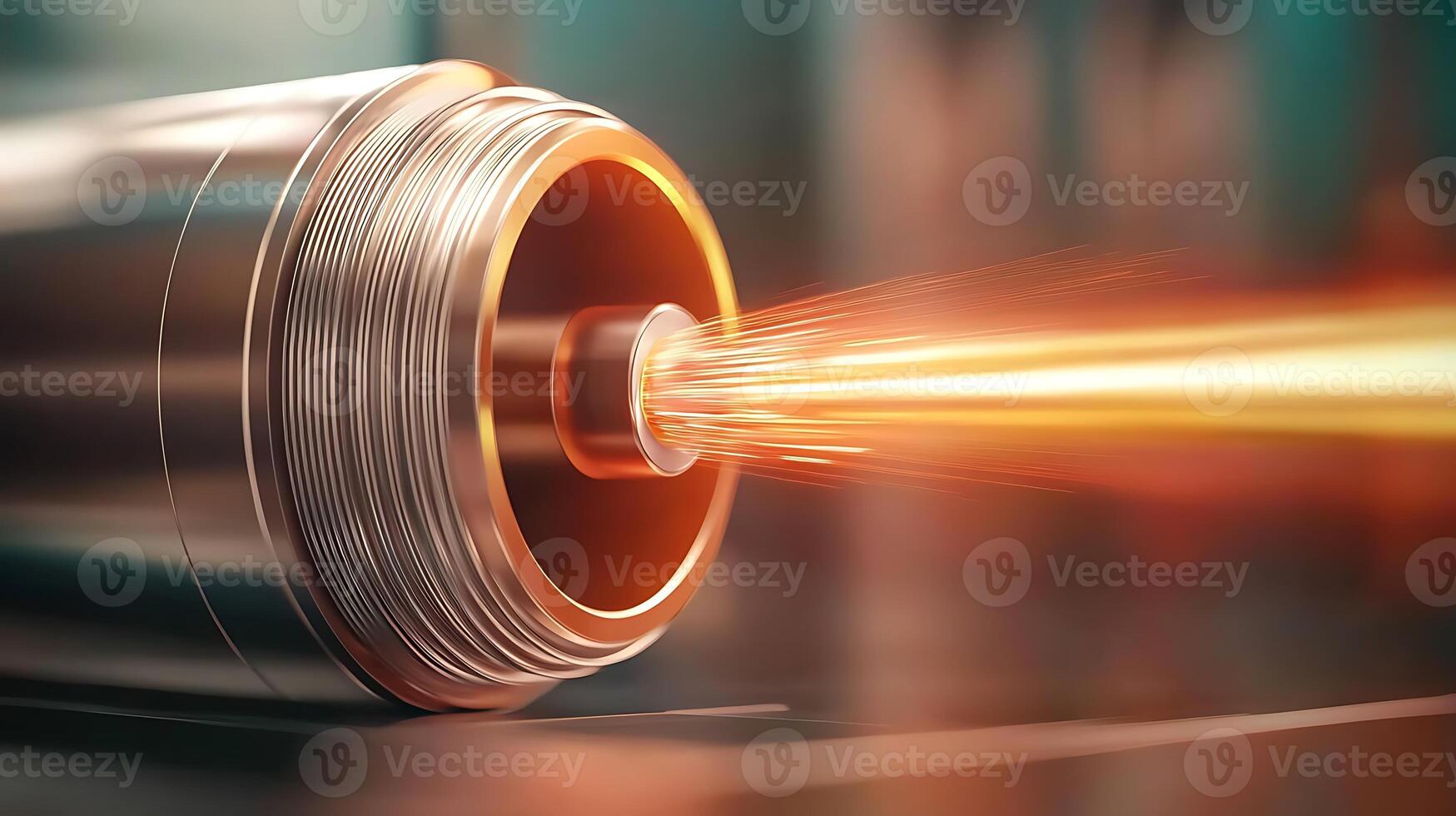 Close-up of a metal nozzle expelling a vibrant stream of orange flames in a workshop setting photo
