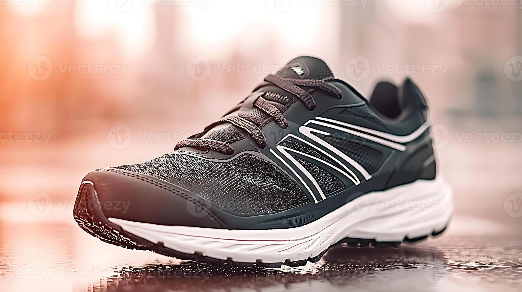 Close-up of a modern running shoe on a wet urban street with blurred cityscape in background photo