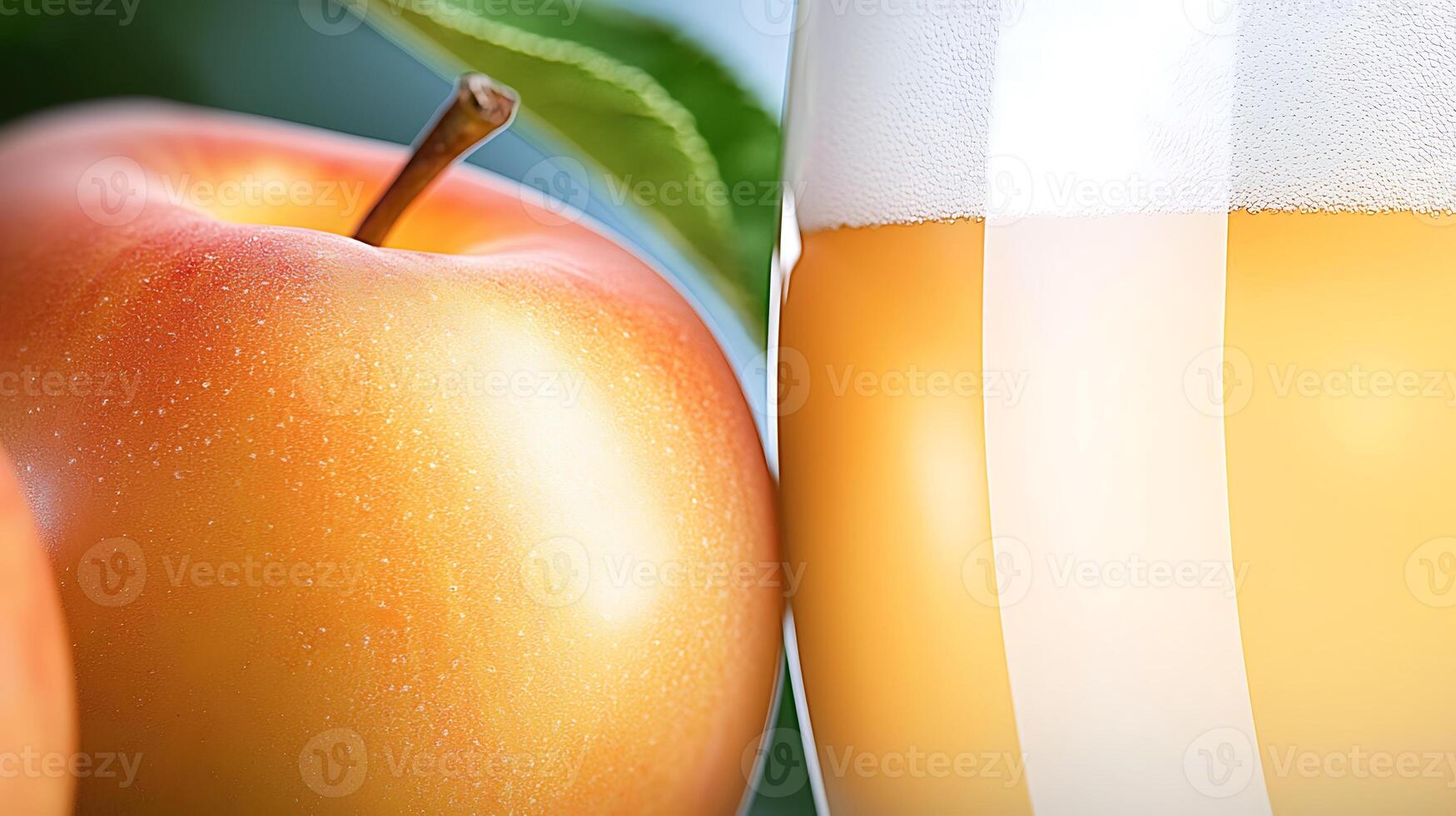 Close-up of a fresh apple beside a glass of golden beverage with foam, showcasing nature's bounty photo