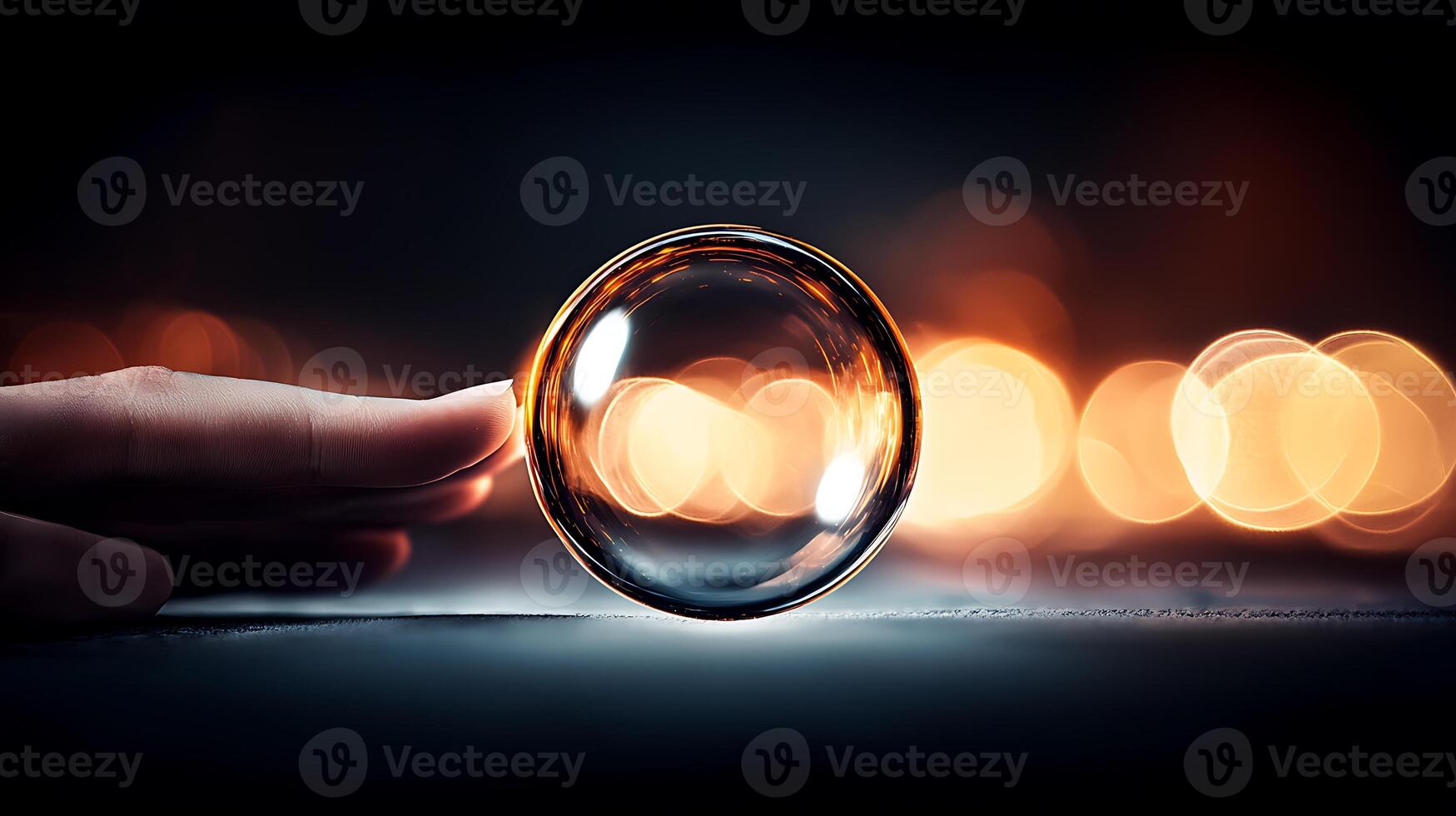 Close-Up of a Finger Gently Touching a Transparent Bubble with Glowing Background Lights photo