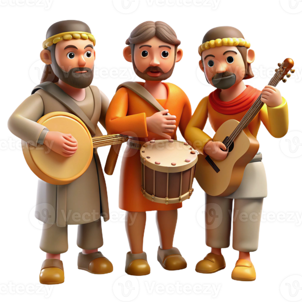 beautiful modern A group of ancient Etruscan musicians playing traditional instruments, lively atmosphere, warm lighting, impressionistic style, original png