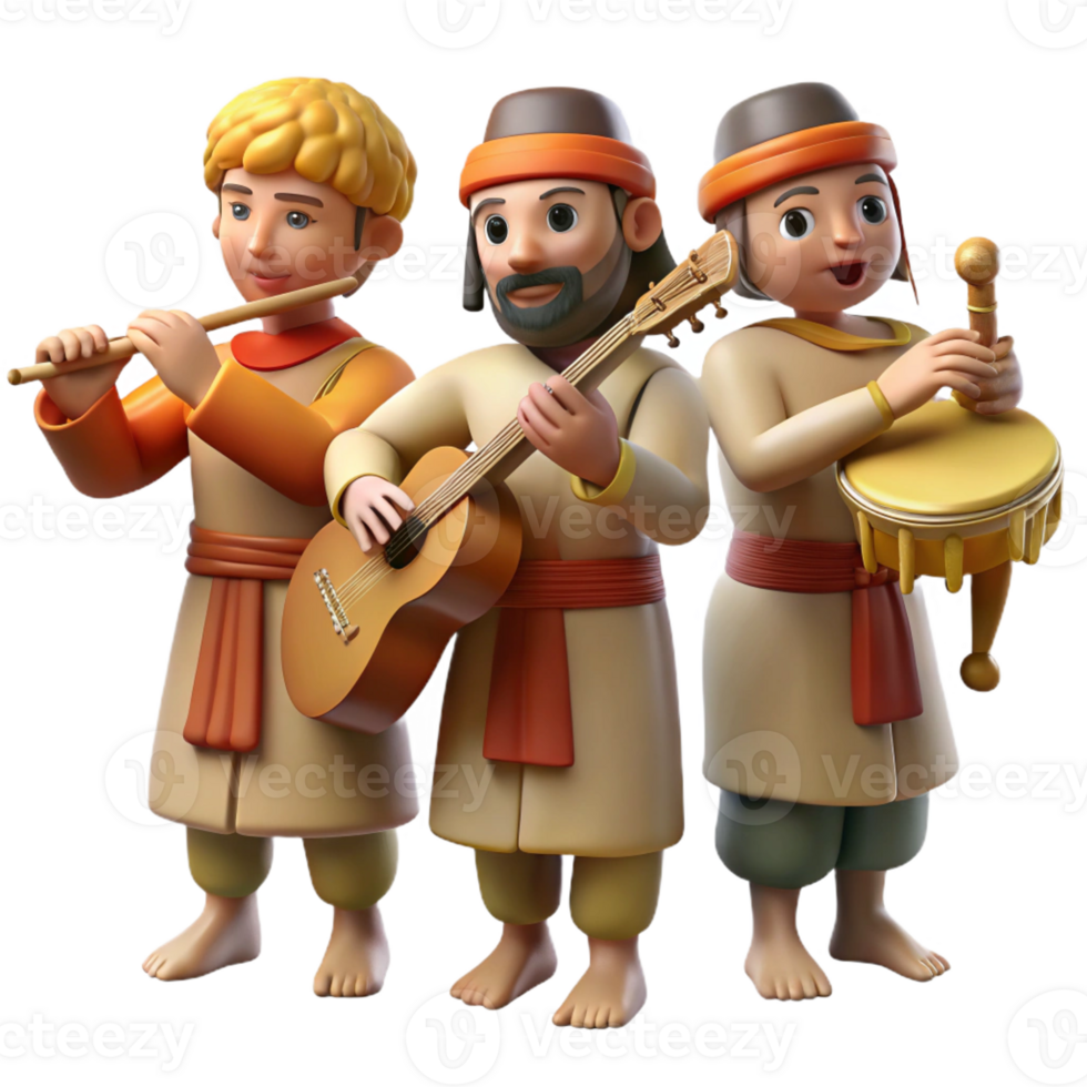extraordinary modern A group of ancient Etruscan musicians playing traditional instruments, lively atmosphere, warm lighting, impressionistic style, authentic png