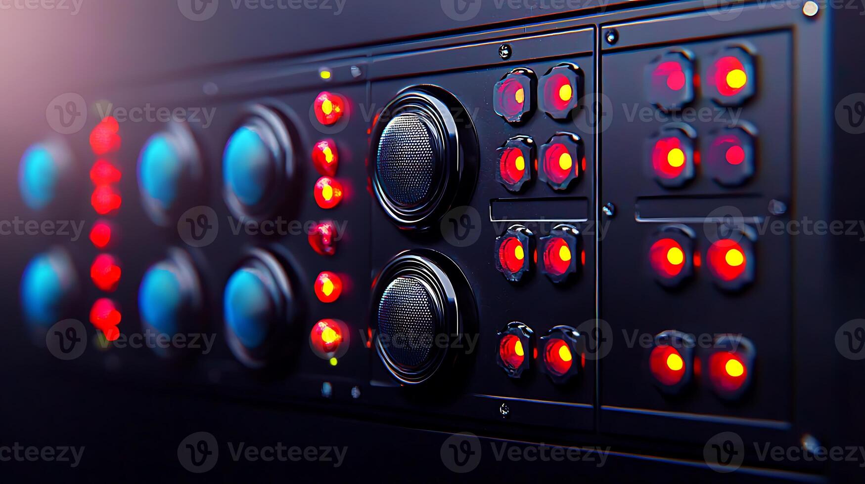 Close-up of a futuristic control panel featuring illuminated buttons and indicators, with a blurred background photo