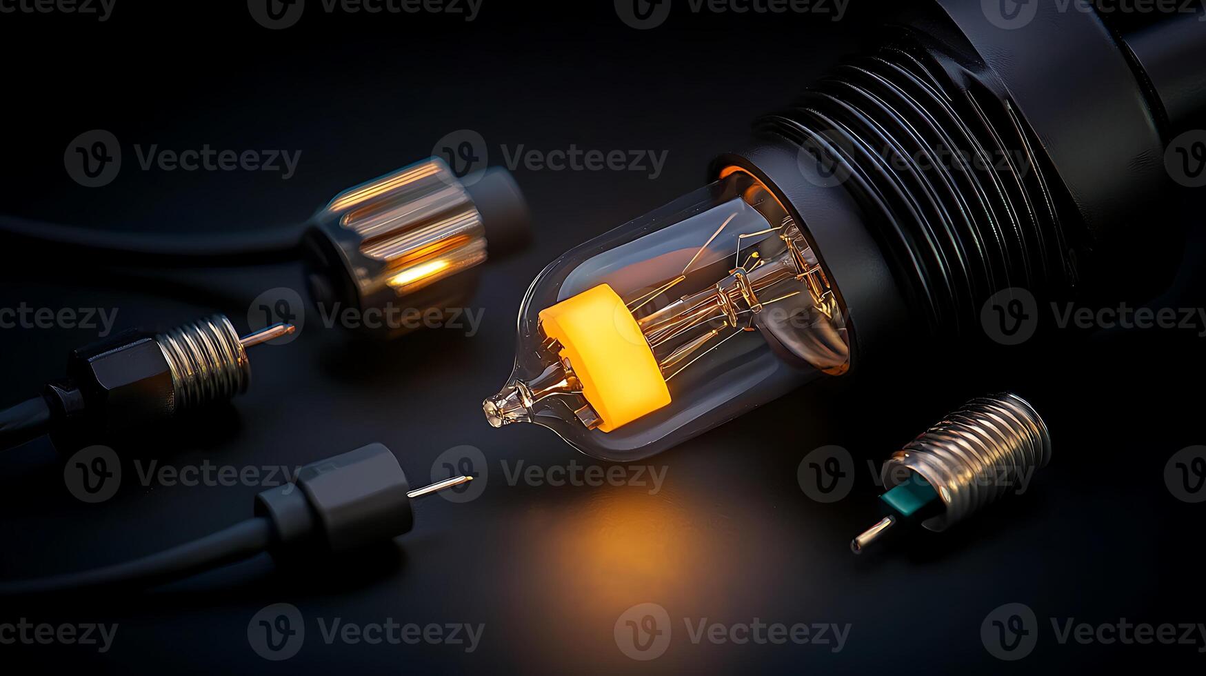 Close-up of a glowing light bulb surrounded by electrical components on a dark background photo