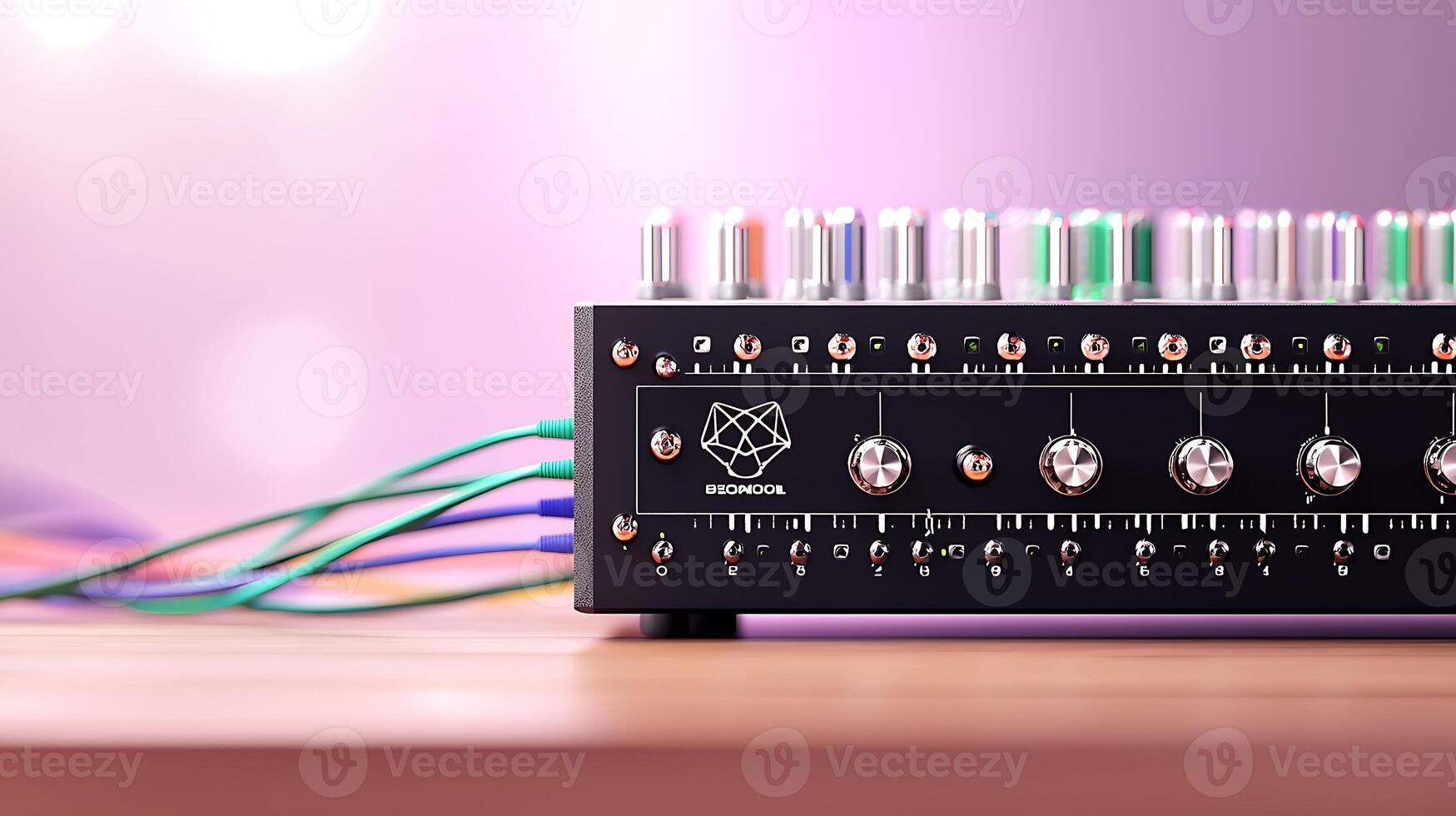 Close-up of a modern audio mixer on a wooden table with colorful cables and a soft background photo